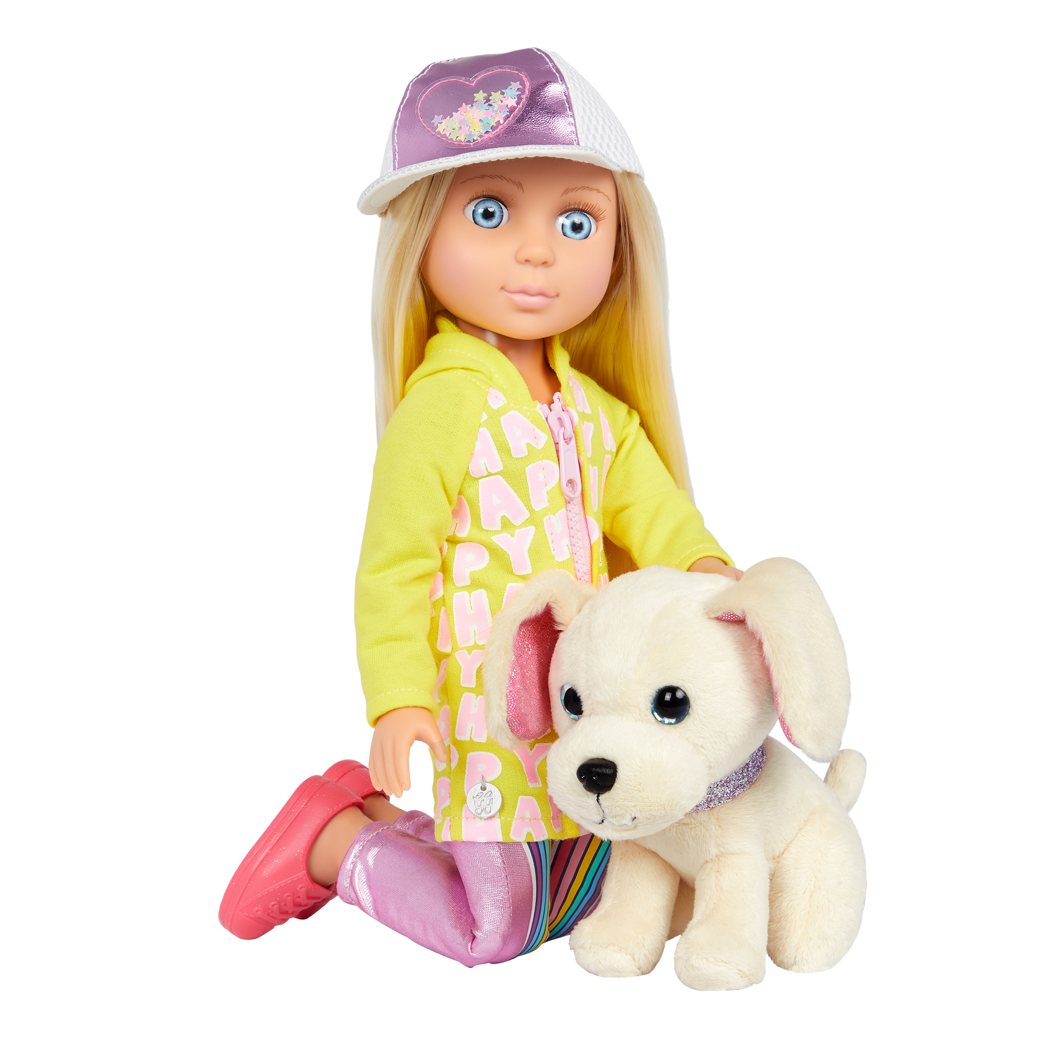 Doll in yellow jacket with white dog