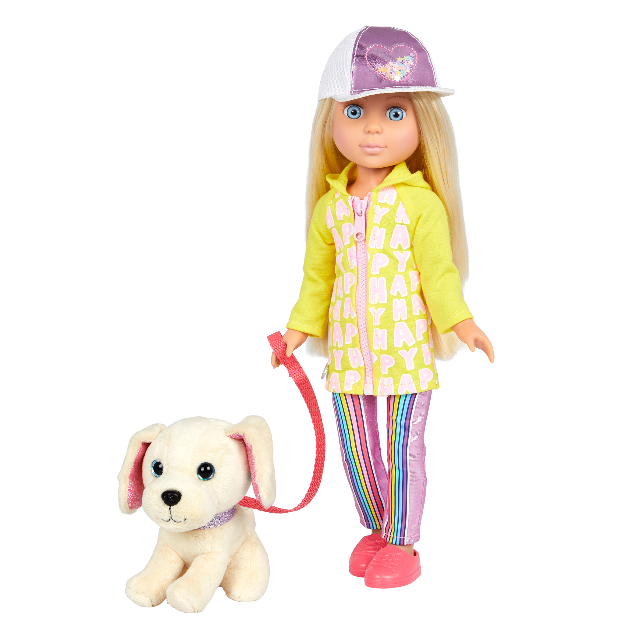 Doll in yellow jacket with white dog