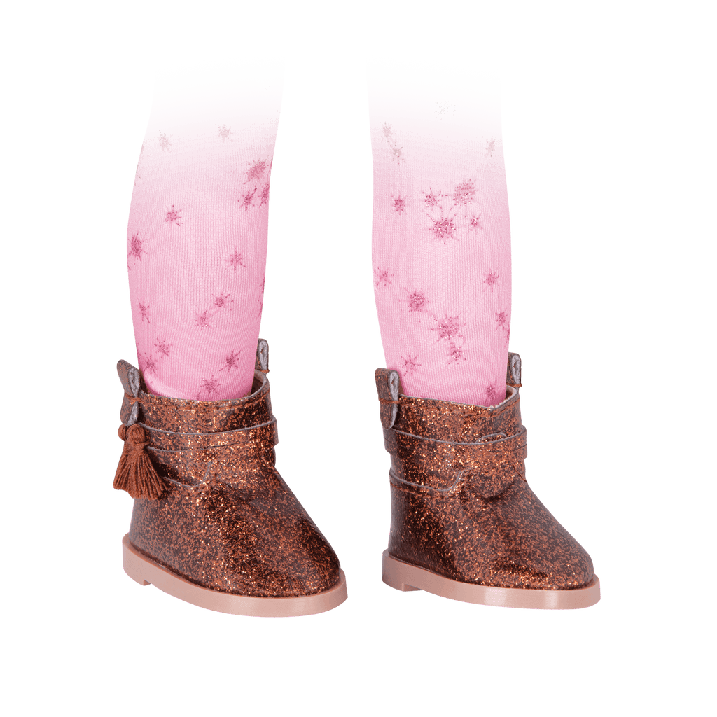 Pink ombre leggings and brown glitter boots for 14-inch doll