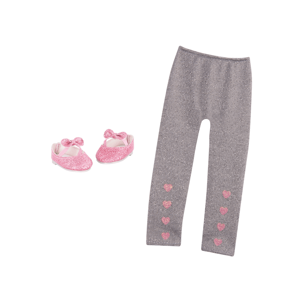 Silver glitter leggings and pink glitter shoes for 14-inch doll