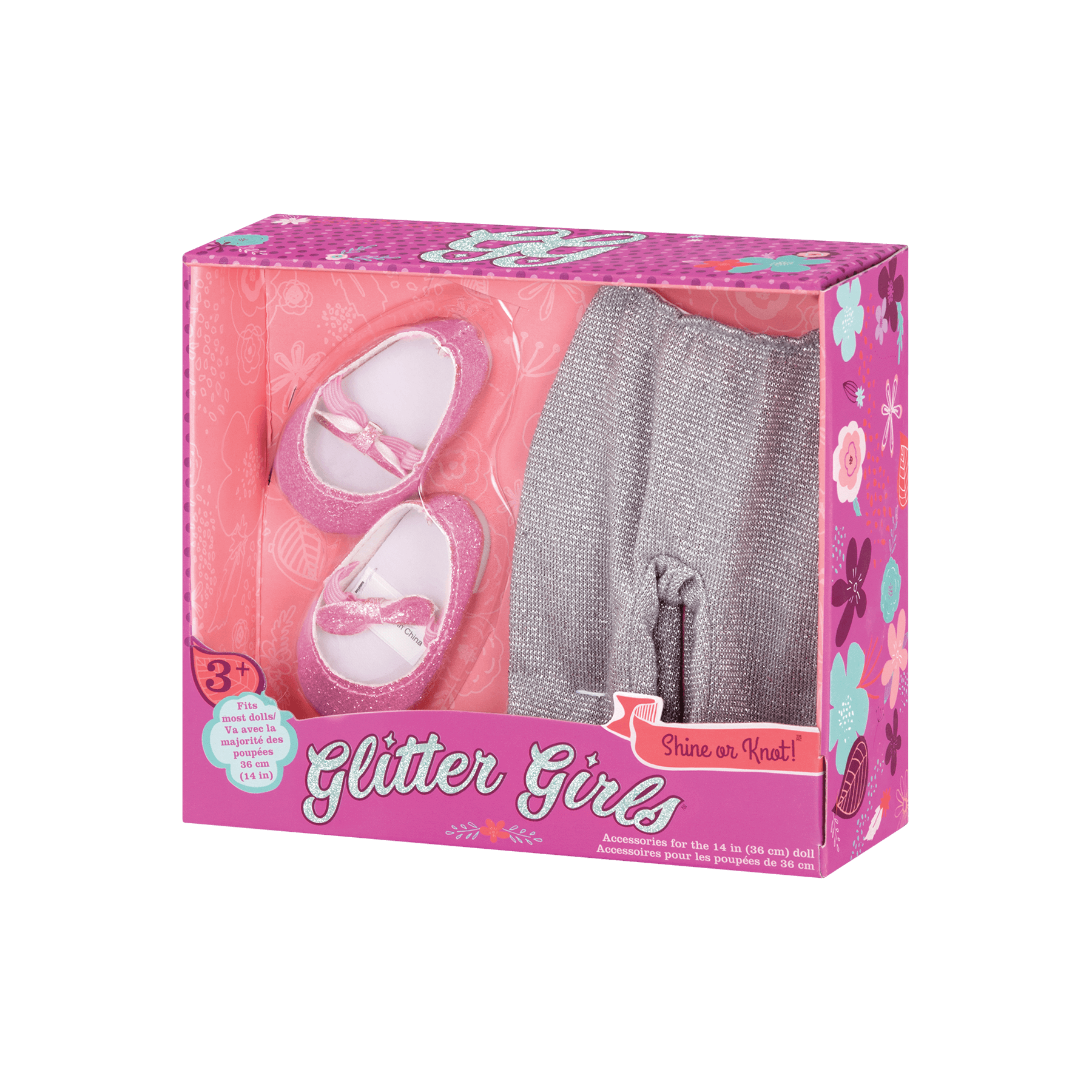 Silver glitter leggings and pink glitter shoes for 14-inch doll