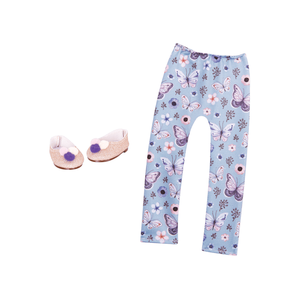 Blue butterfly-printed leggings and gold glitter shoes for 14-inch doll