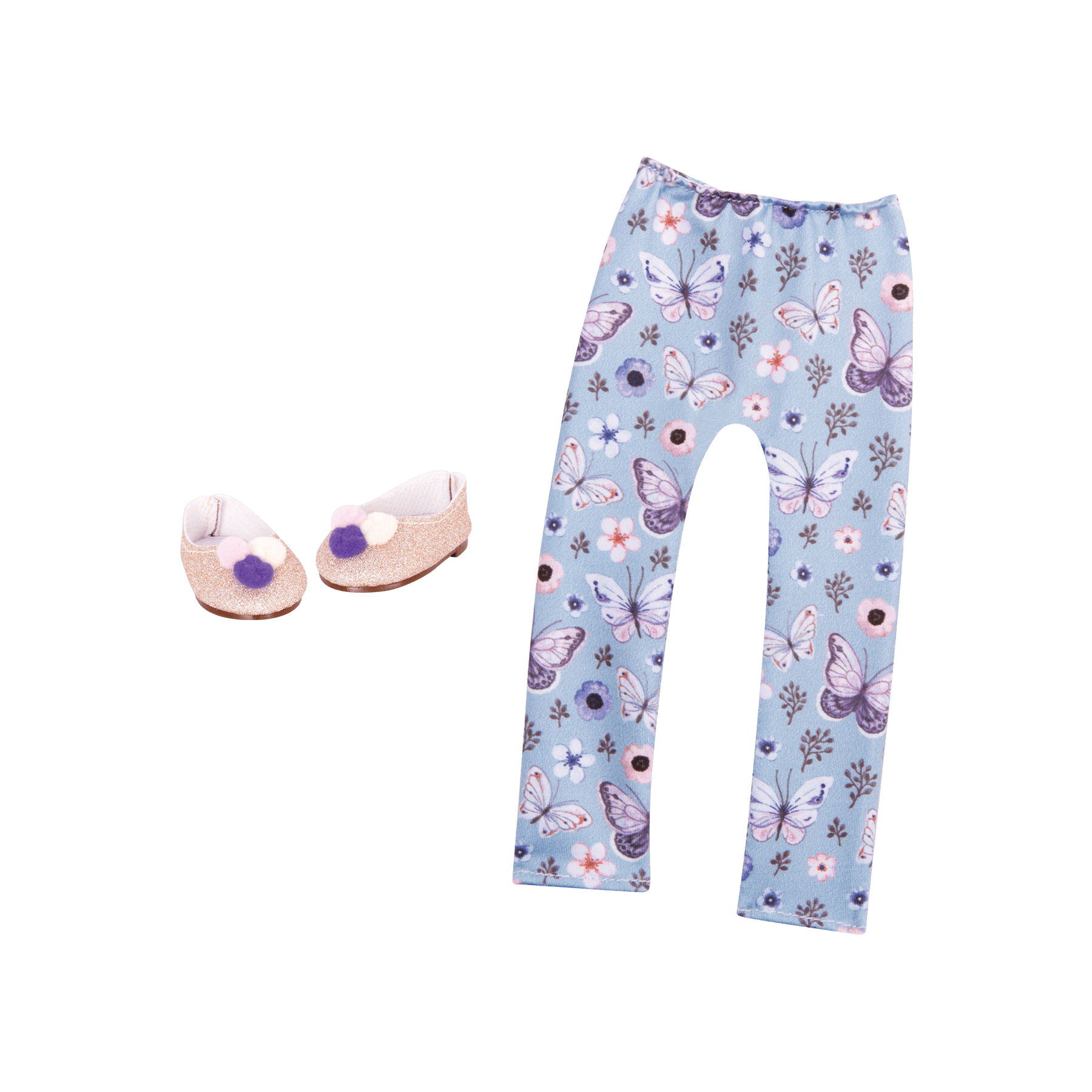 Blue butterfly-printed leggings and gold glitter shoes for 14-inch doll