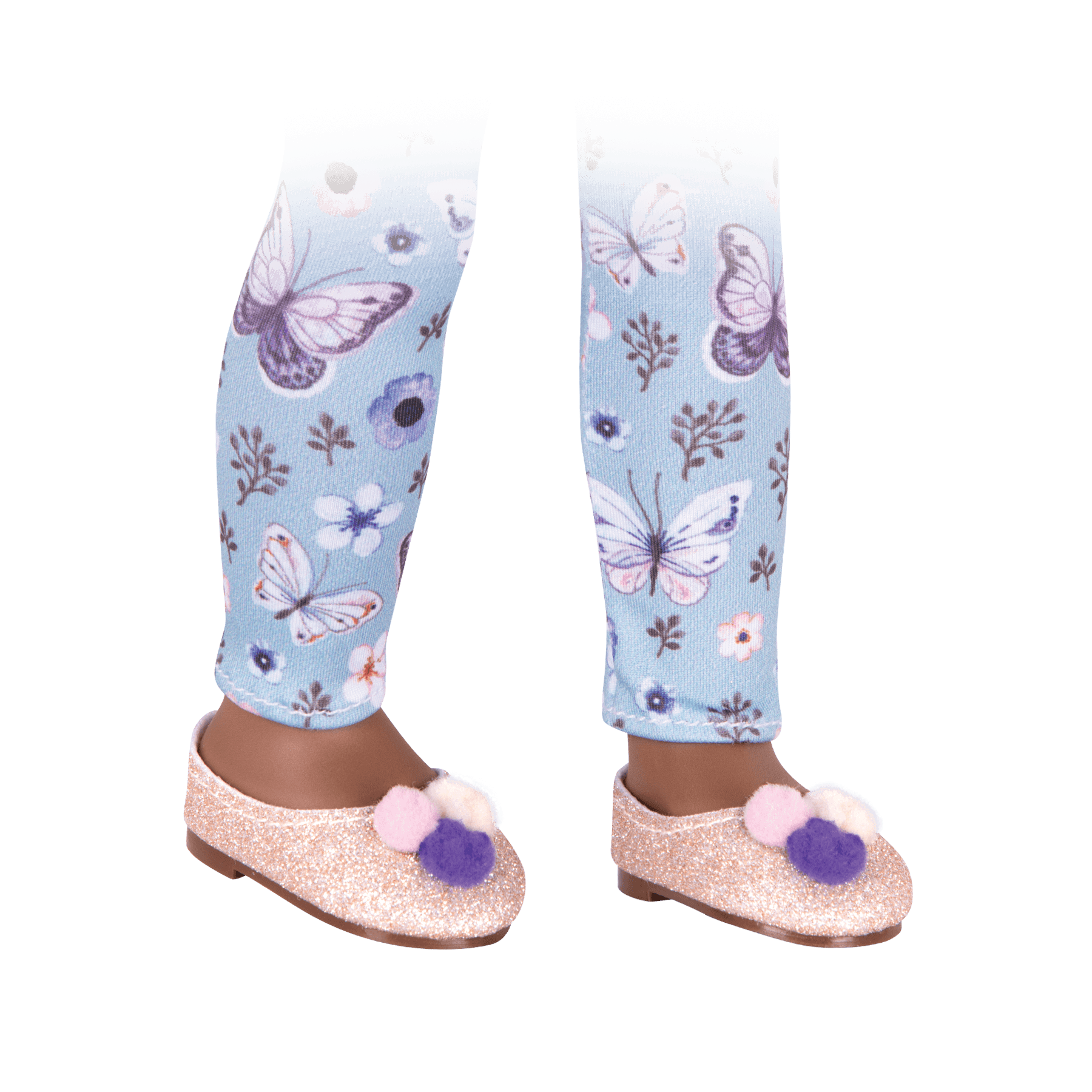 Blue butterfly-printed leggings and gold glitter shoes for 14-inch doll