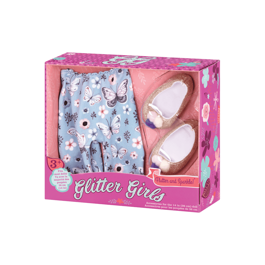 Blue butterfly-printed leggings and gold glitter shoes for 14-inch doll