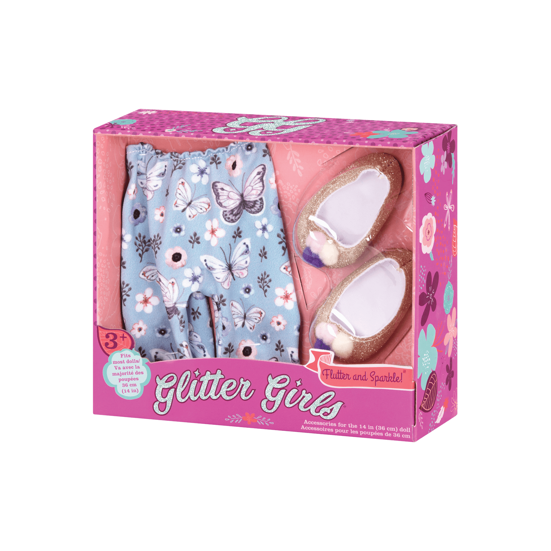 Blue butterfly-printed leggings and gold glitter shoes for 14-inch doll