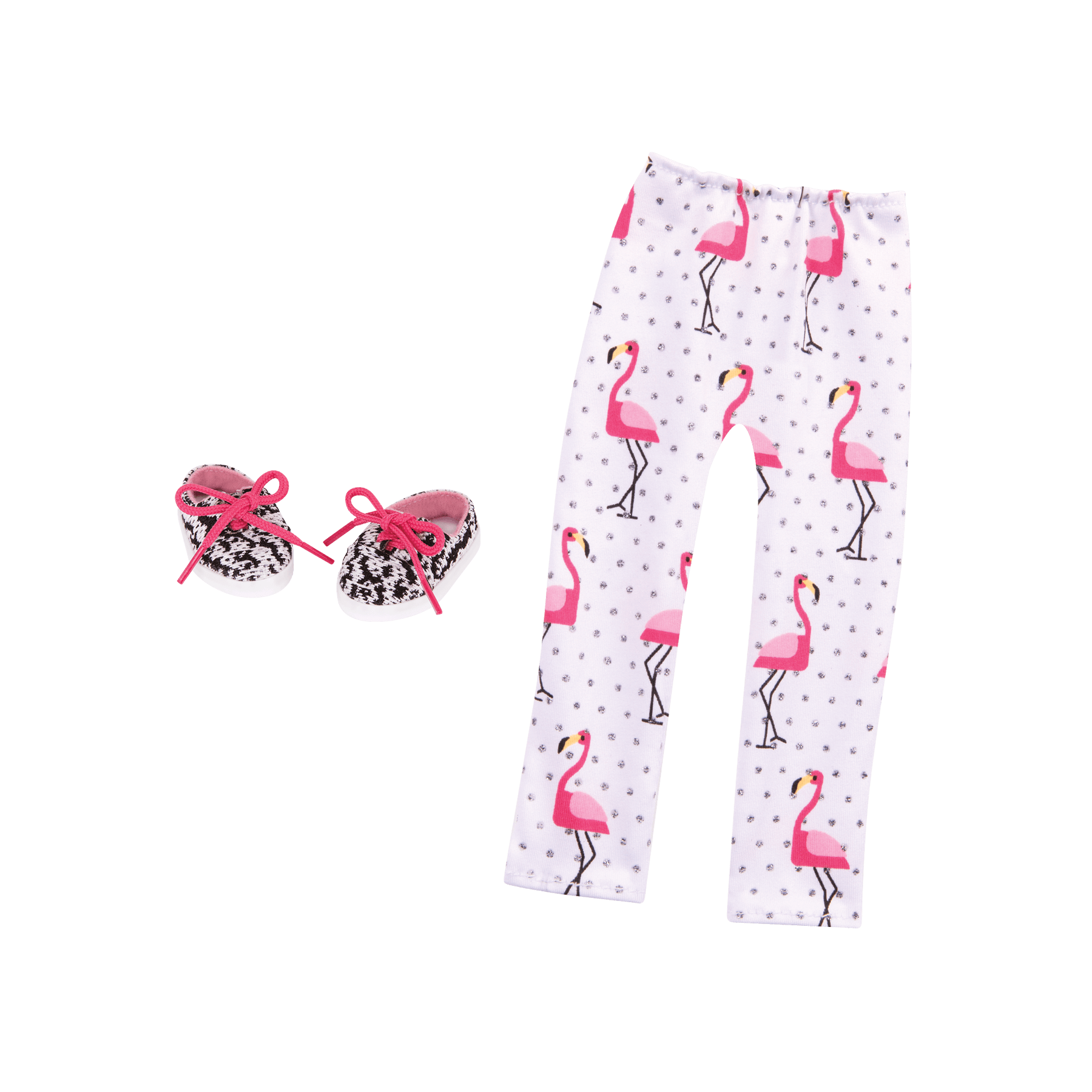 Flamingo-printed leggings and black & white patterned shoes