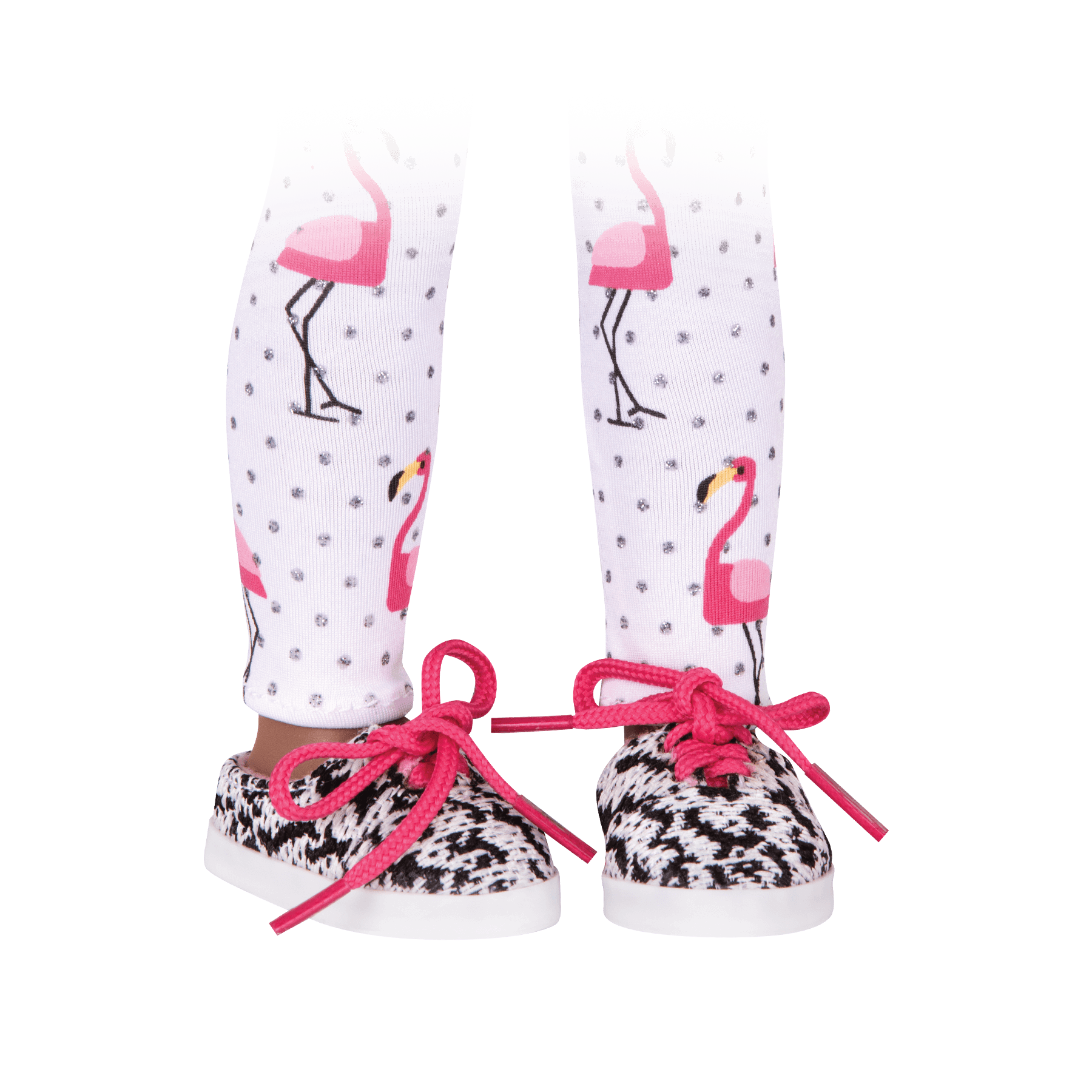 Flamingo-printed leggings and black & white patterned shoes