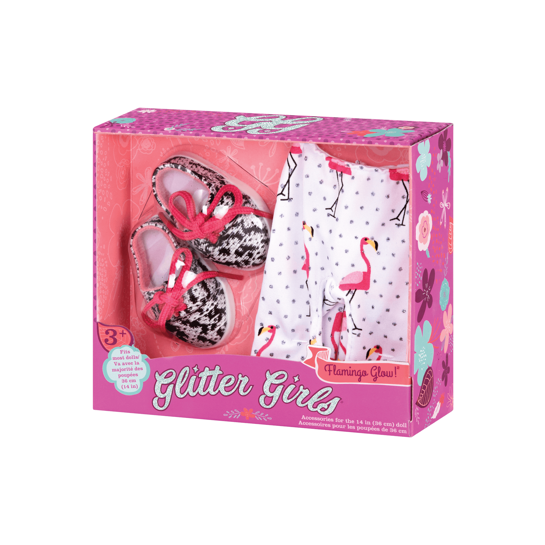 Flamingo-printed leggings and black & white patterned shoes