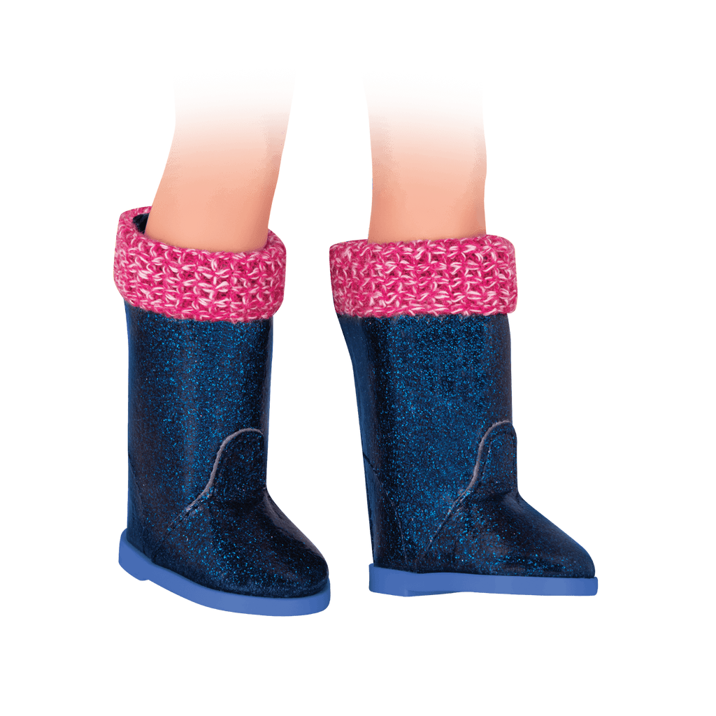Blue glitter rain boots for 14-inch doll