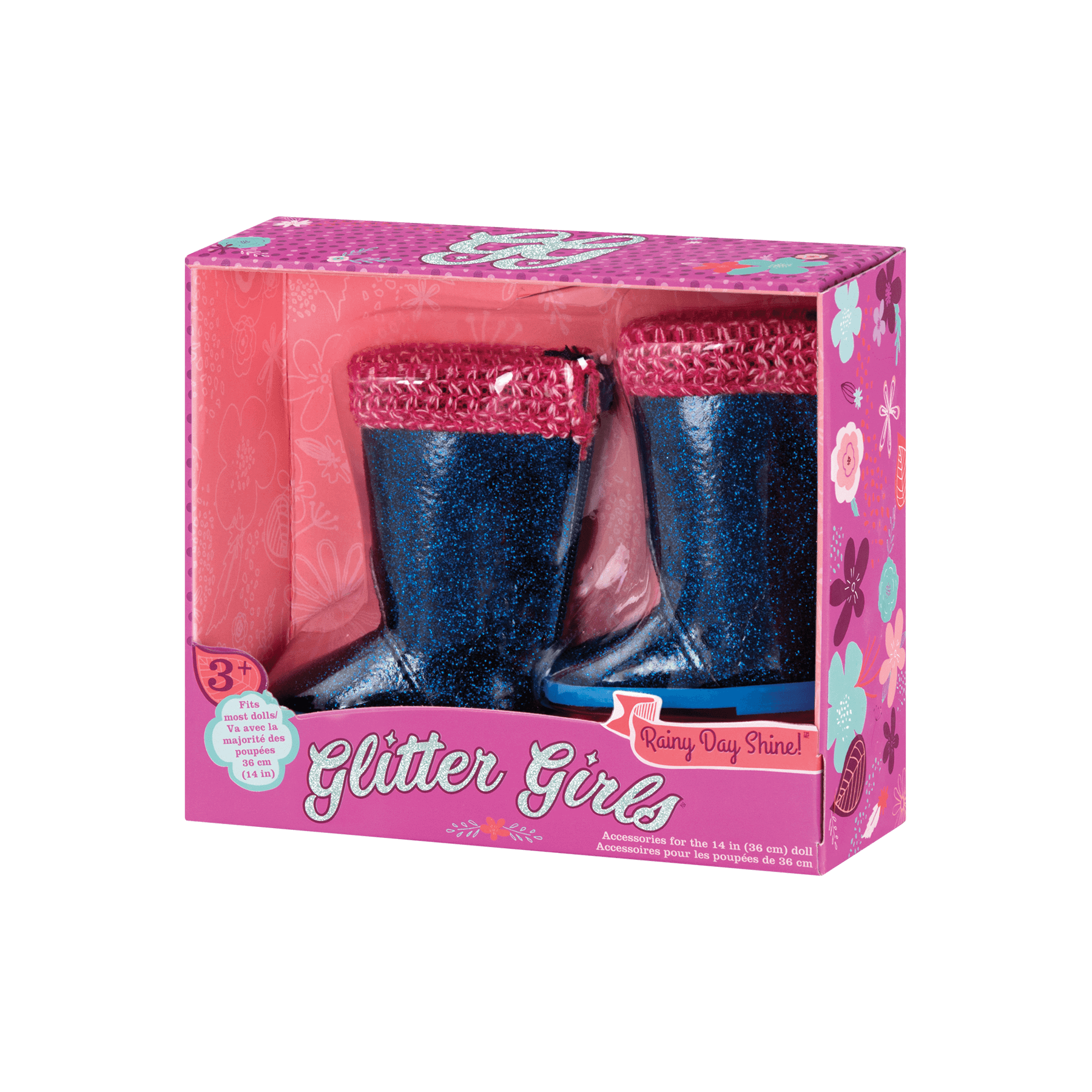 Blue glitter rain boots for 14-inch doll