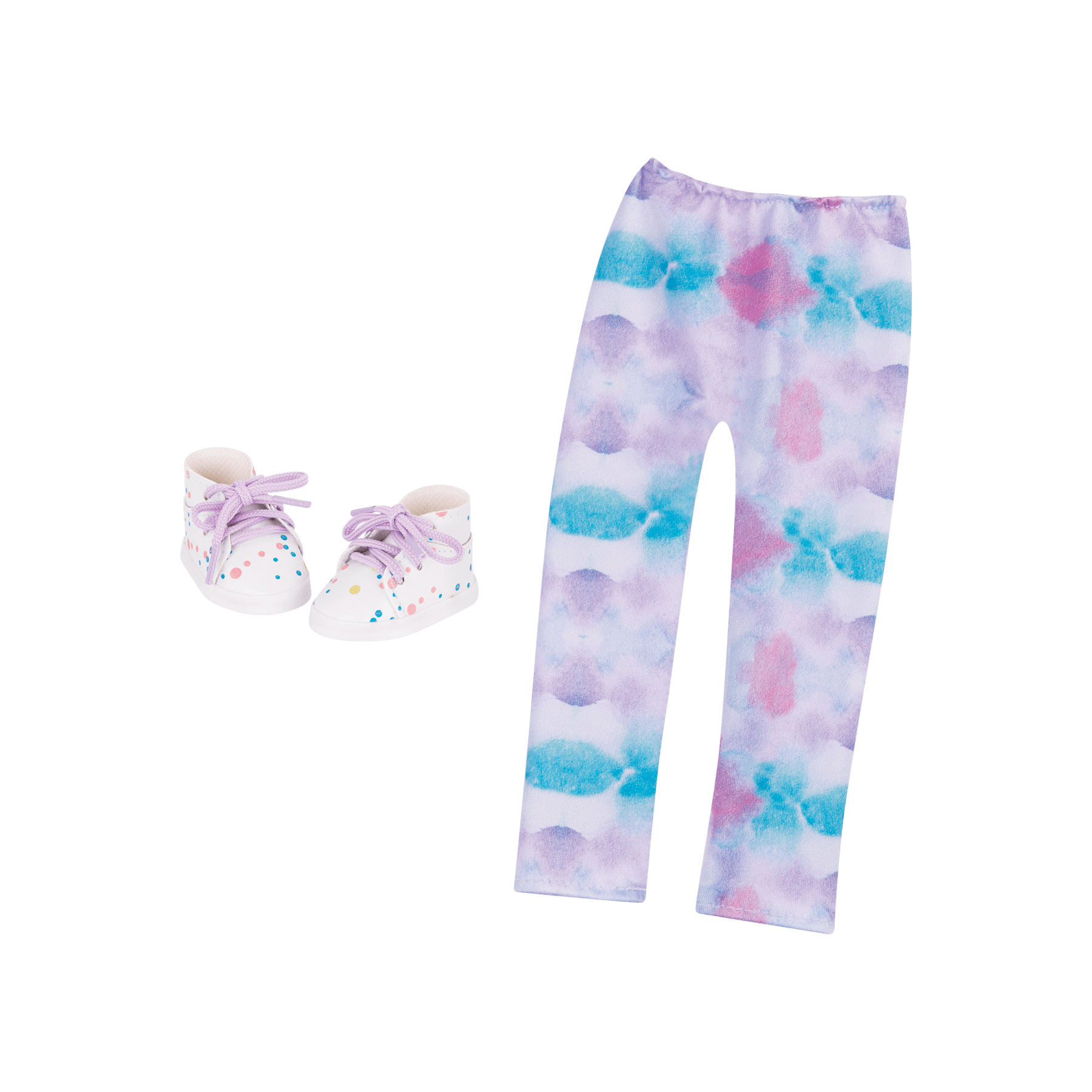 Watercolor patterned leggings and paint-spattered high-top sneakers