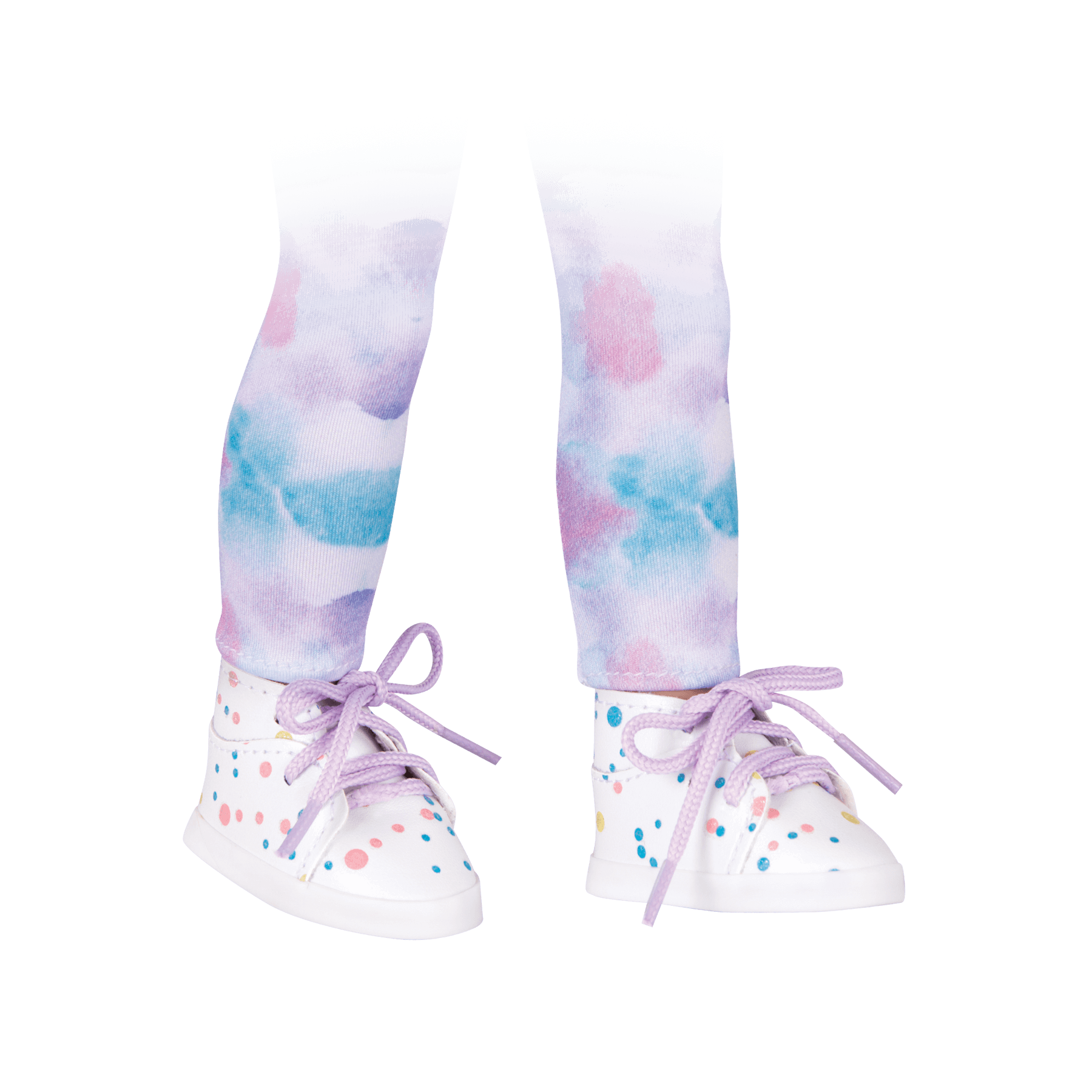 Watercolor patterned leggings and paint-spattered high-top sneakers