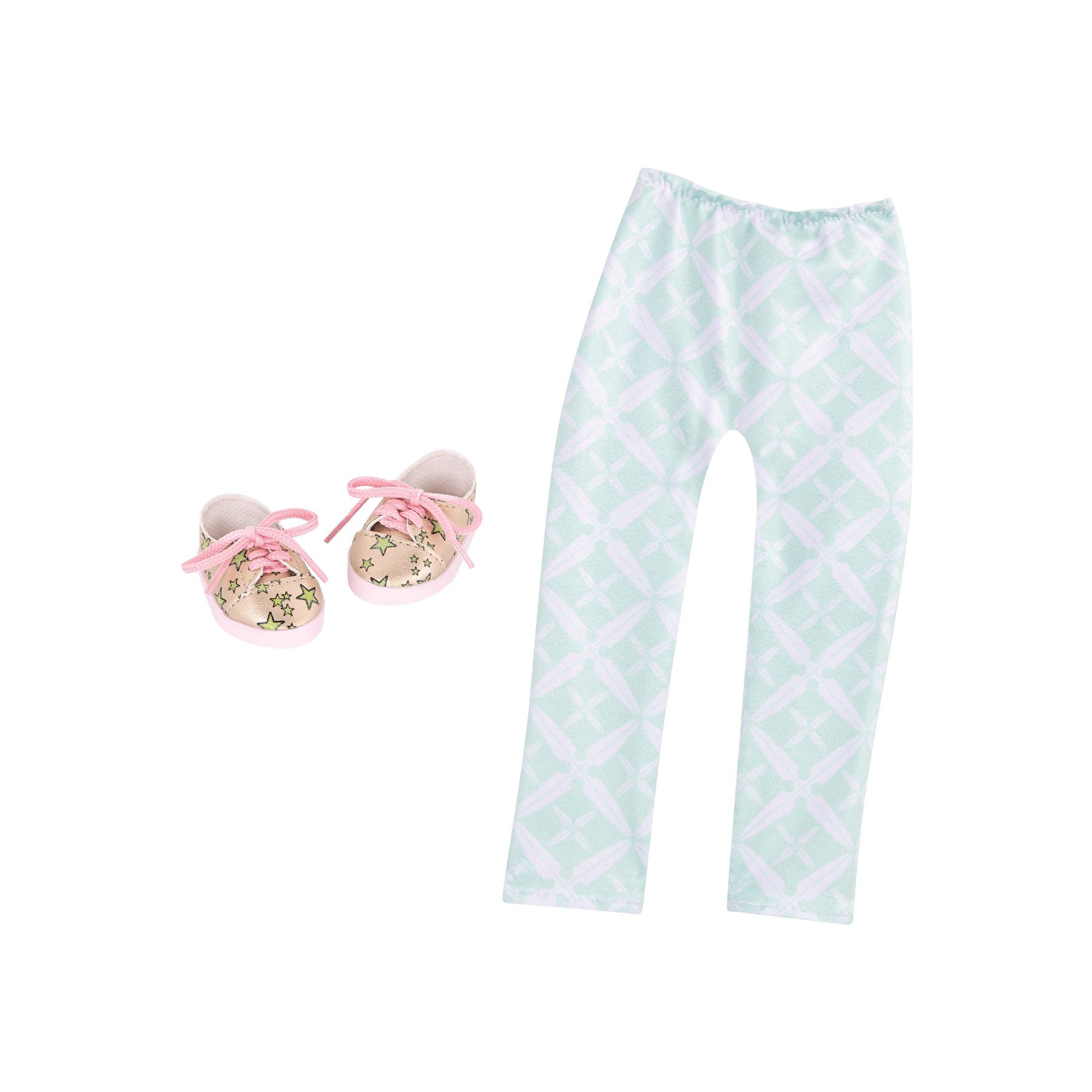 Mint green leggings and gold & green star-patterned shoes