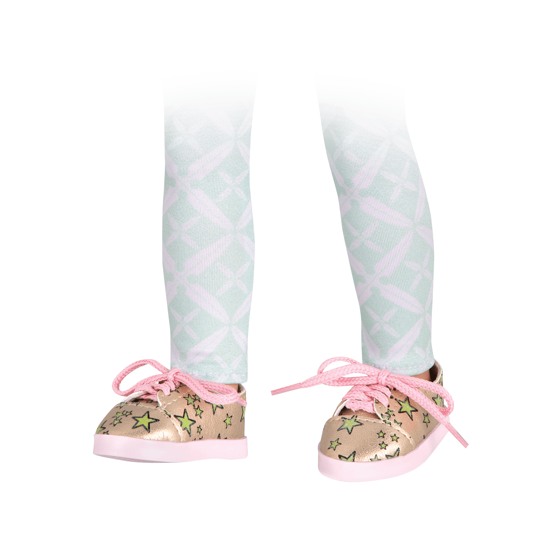 Mint green leggings and gold & green star-patterned shoes