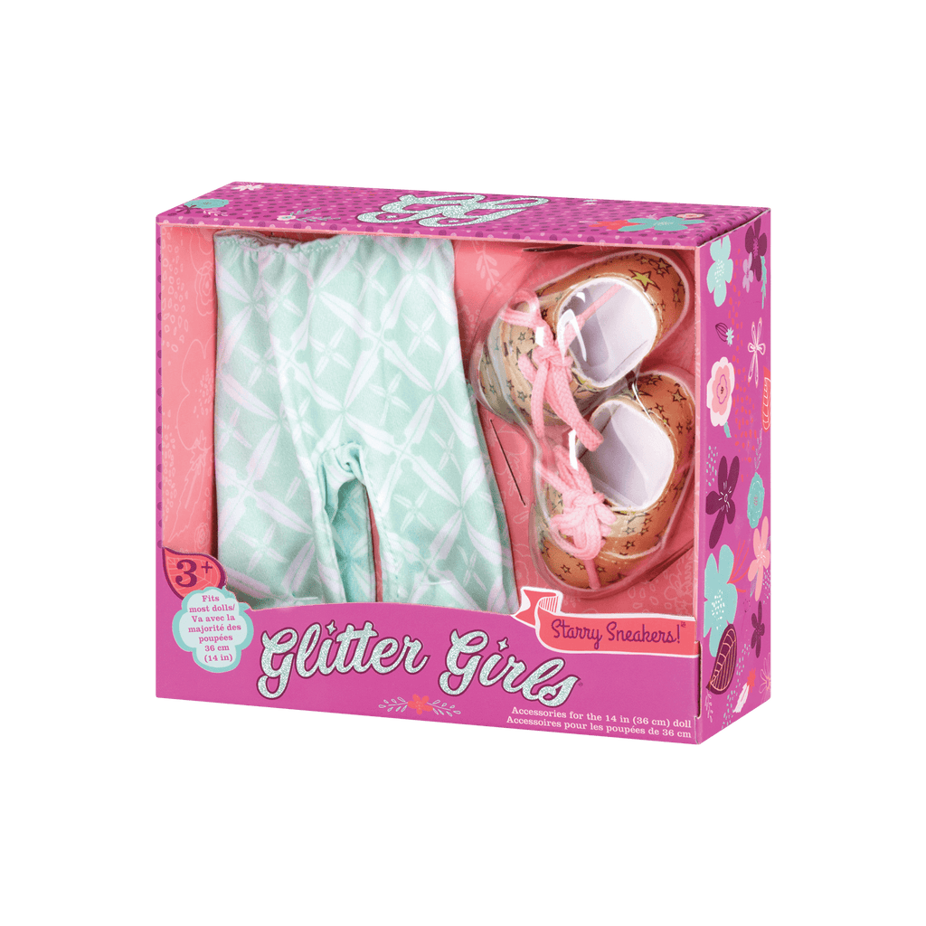 Mint green leggings and gold & green star-patterned shoes