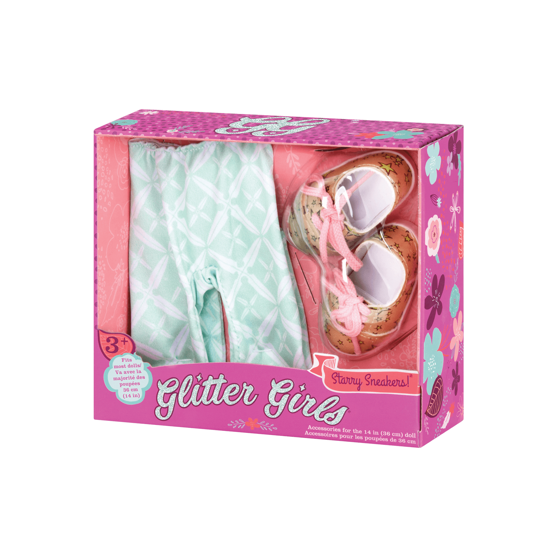 Mint green leggings and gold & green star-patterned shoes