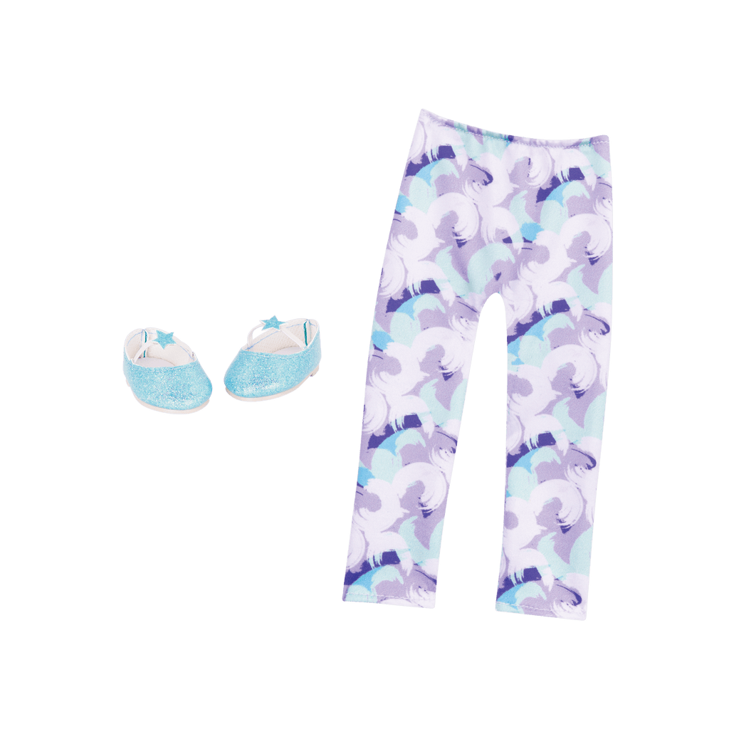 Purple & blue leggings and blue glitter ballet flats for 14-inch doll
