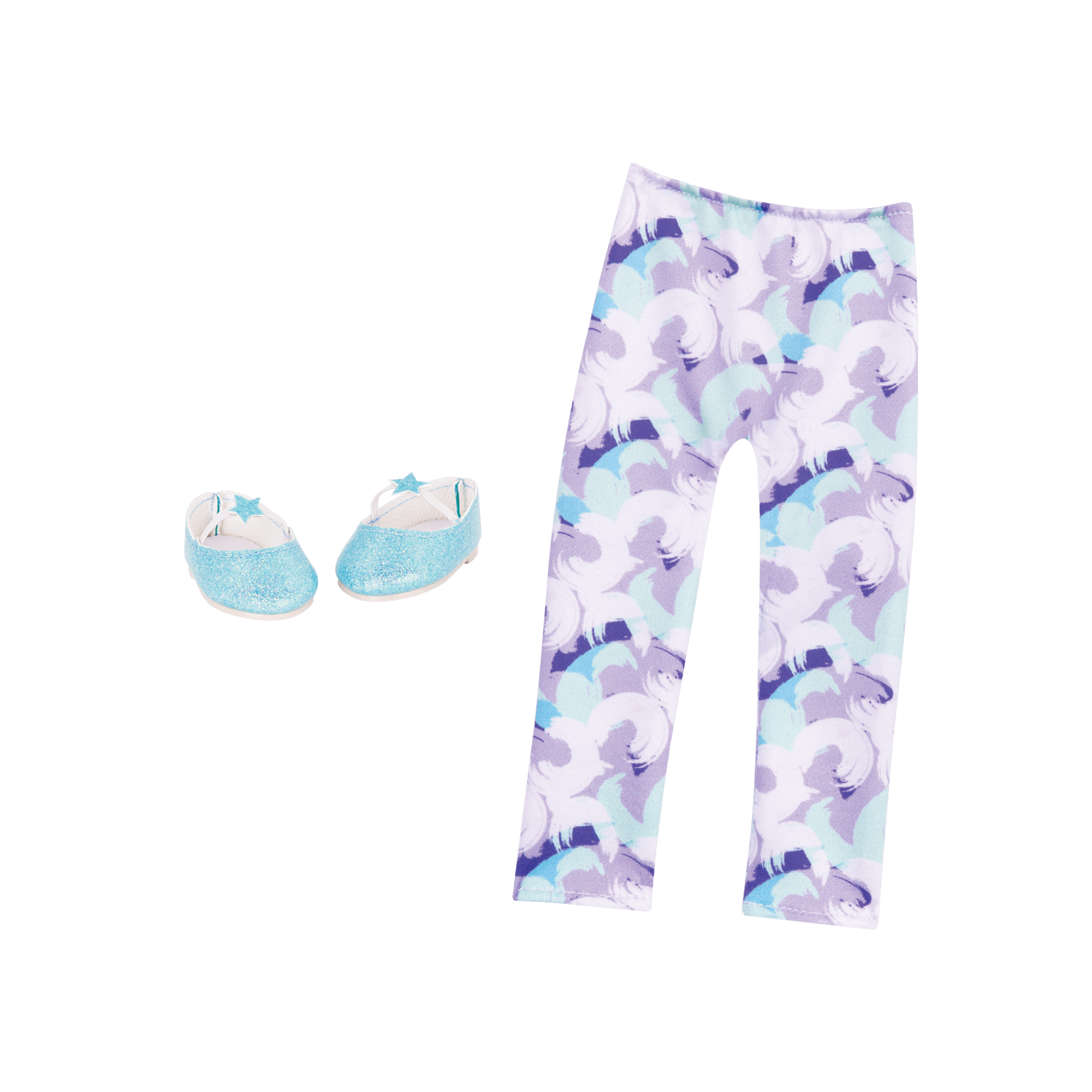Purple & blue leggings and blue glitter ballet flats for 14-inch doll