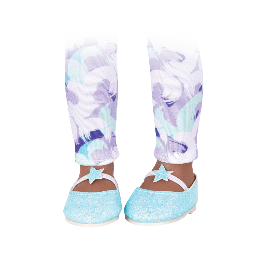 Purple & blue leggings and blue glitter ballet flats for 14-inch doll
