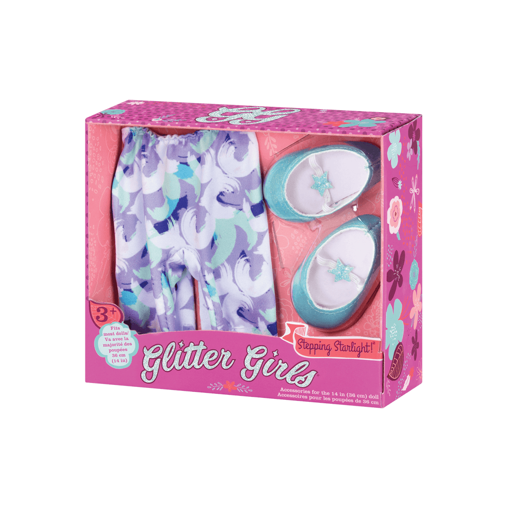 Purple & blue leggings and blue glitter ballet flats for 14-inch doll