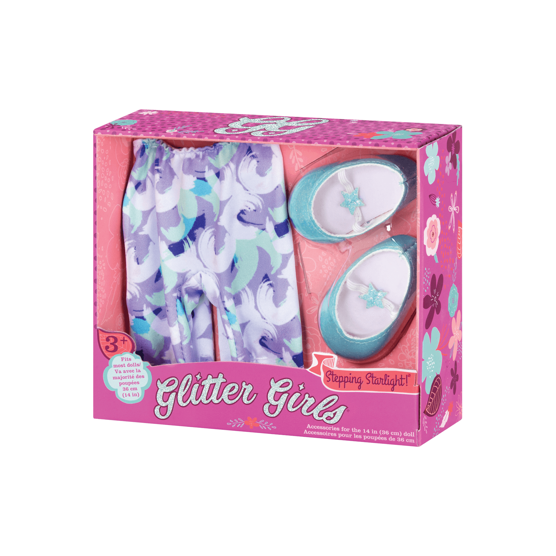 Purple & blue leggings and blue glitter ballet flats for 14-inch doll