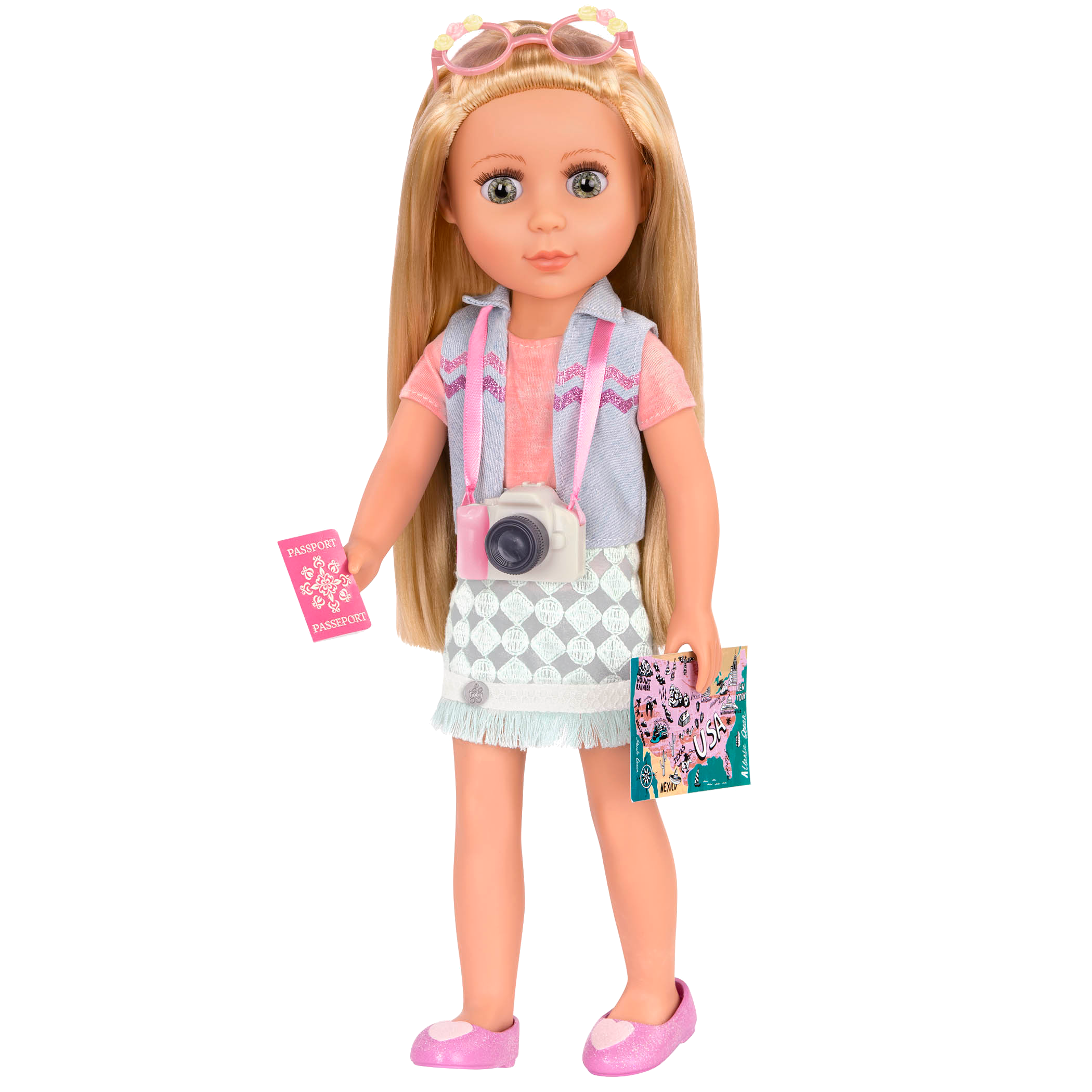 14-inch doll wearing travel accessories