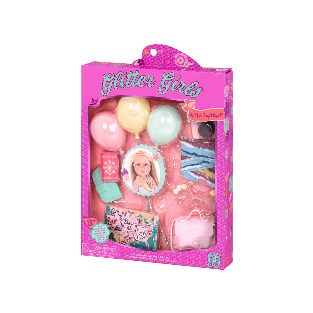 14-inch doll wearing travel accessories