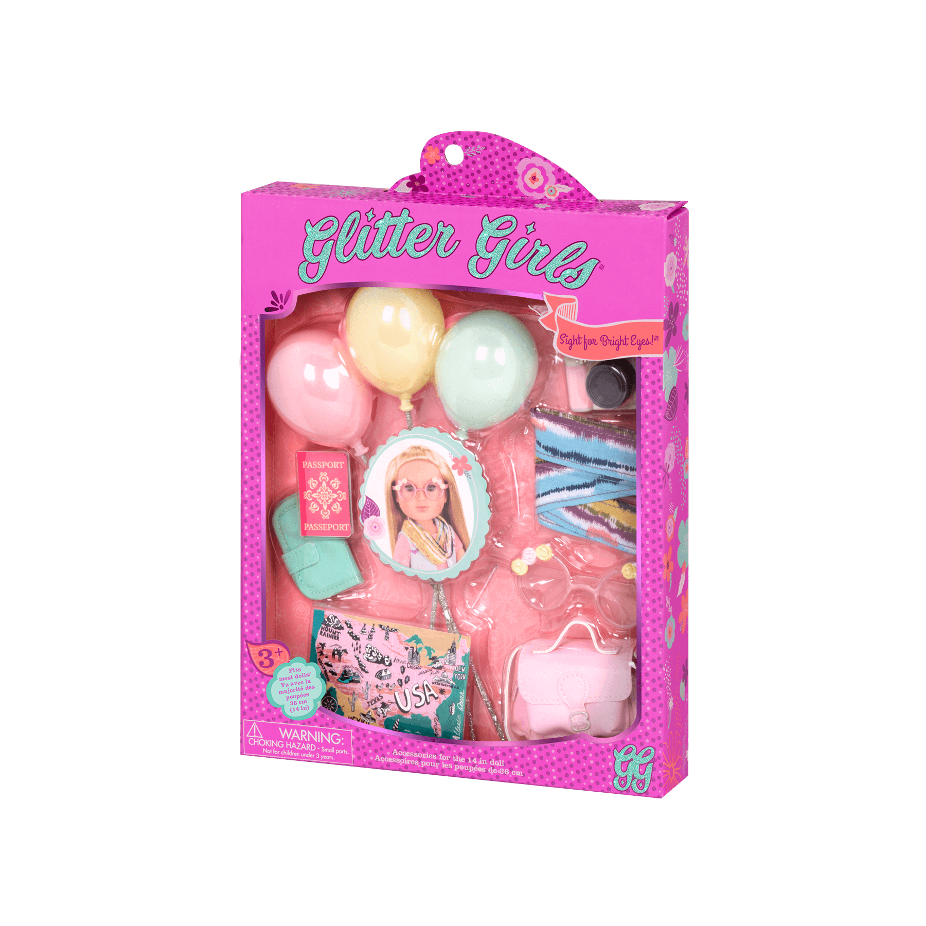 14-inch doll wearing travel accessories