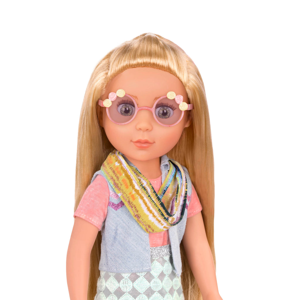 14-inch doll wearing travel accessories