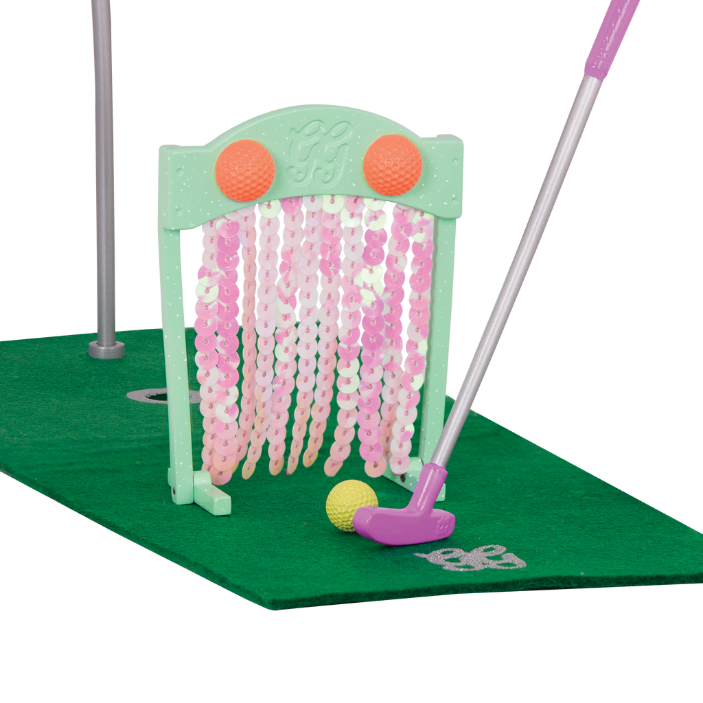 Two 14-inch dolls playing with mini-golf playset