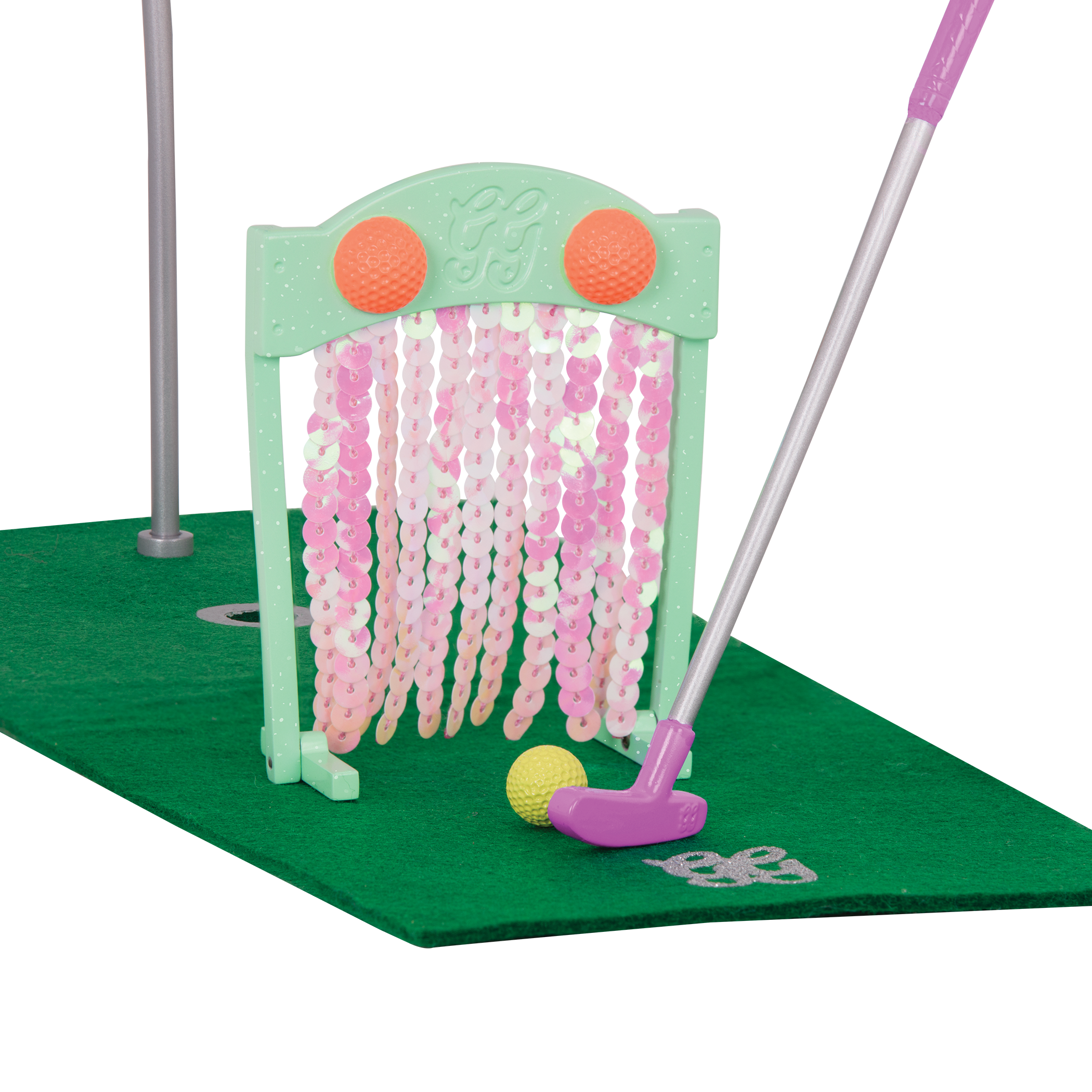 Two 14-inch dolls playing with mini-golf playset