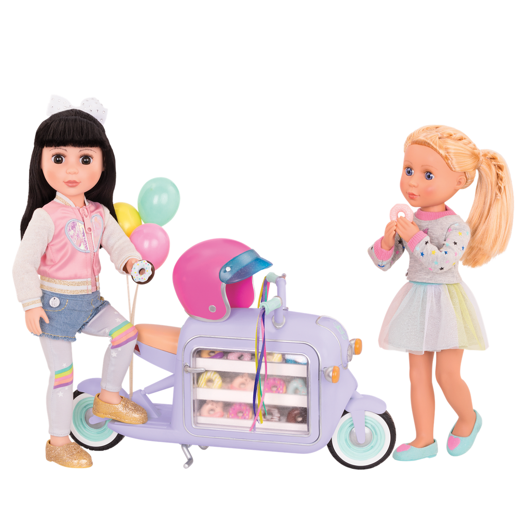 Two 14-inch dolls eating donuts from delivery scooter