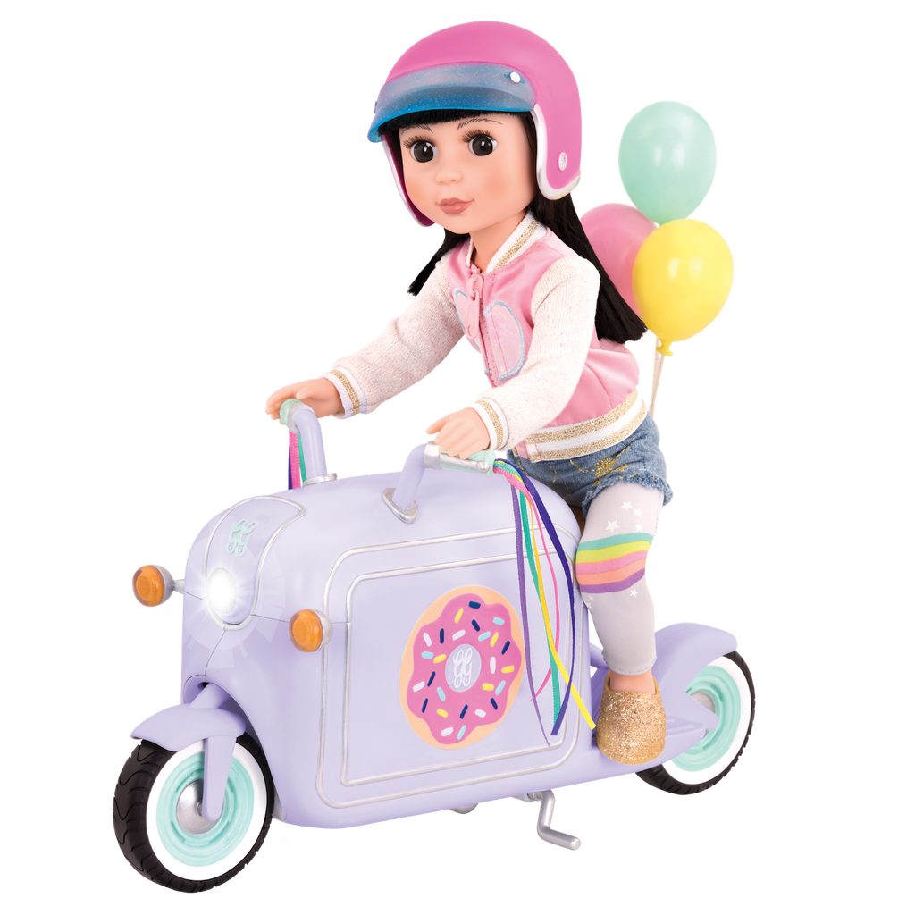 Two 14-inch dolls eating donuts from delivery scooter