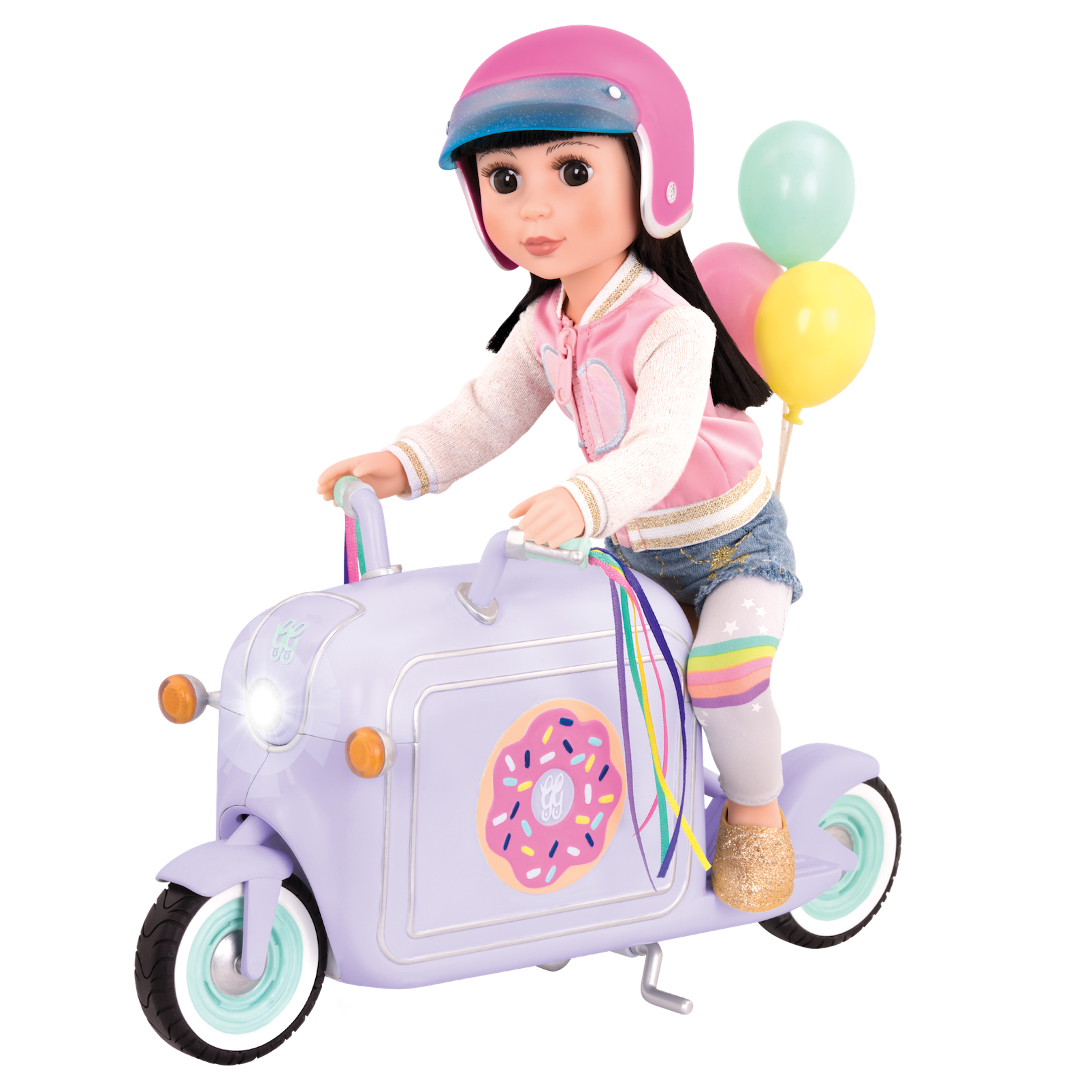 Two 14-inch dolls eating donuts from delivery scooter