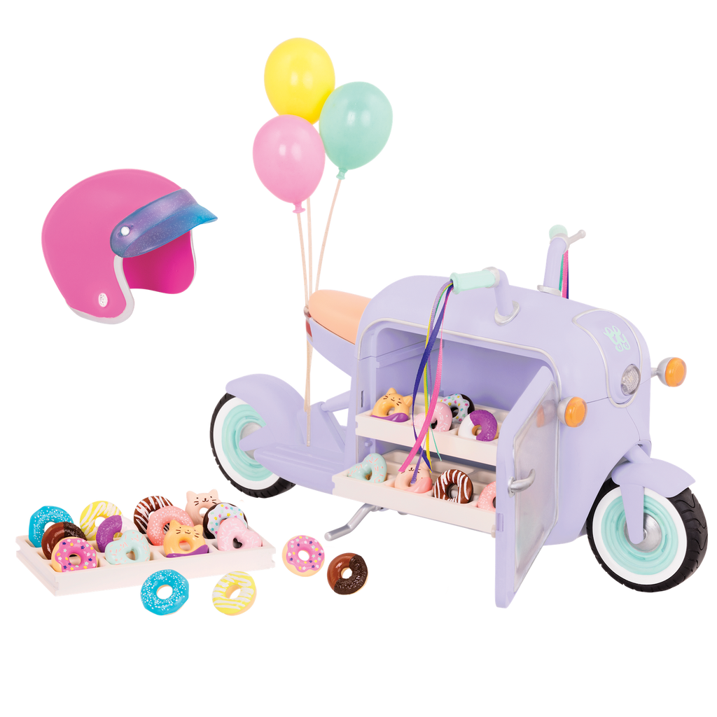 Two 14-inch dolls eating donuts from delivery scooter