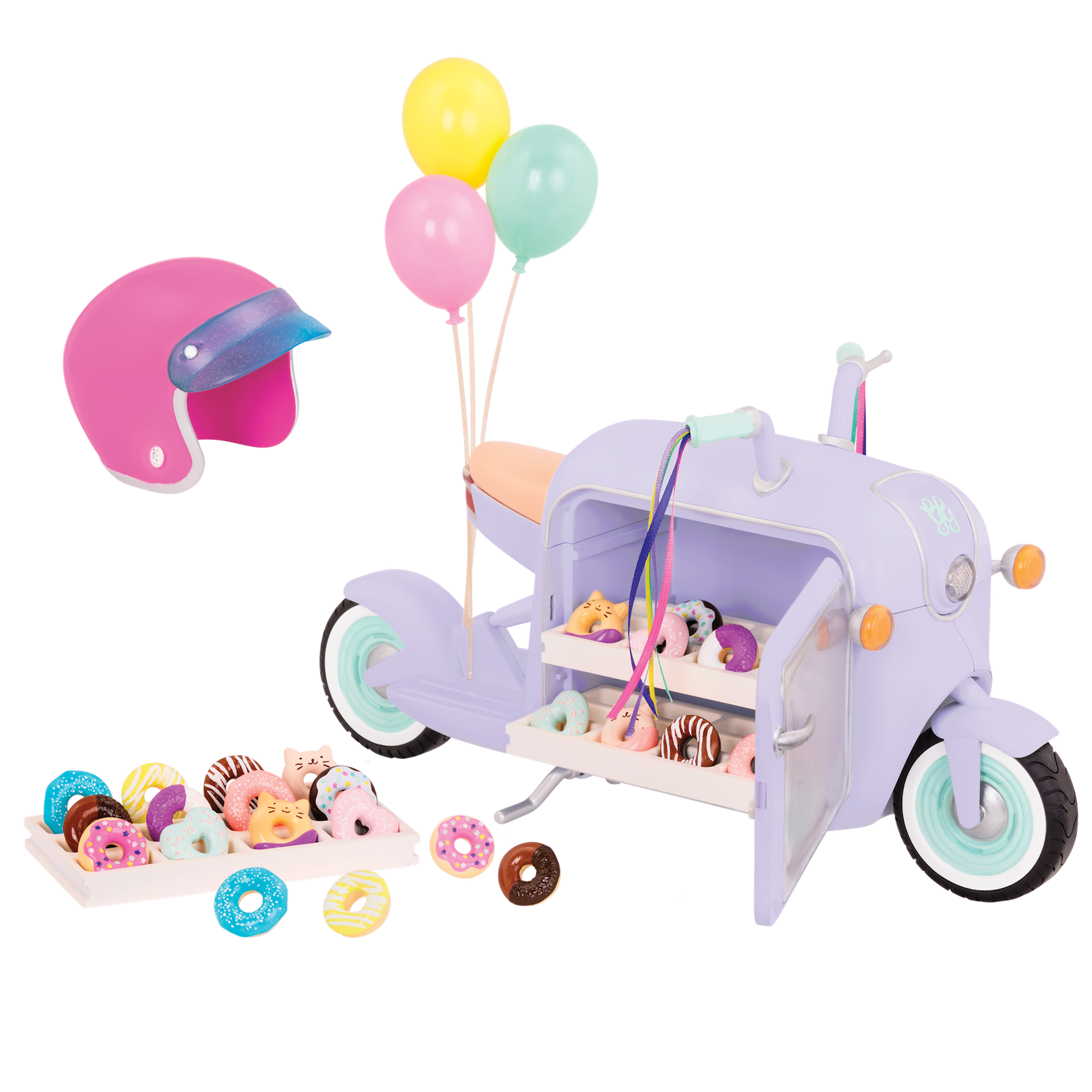 Two 14-inch dolls eating donuts from delivery scooter