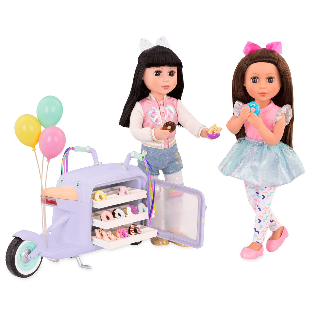 Two 14-inch dolls eating donuts from delivery scooter