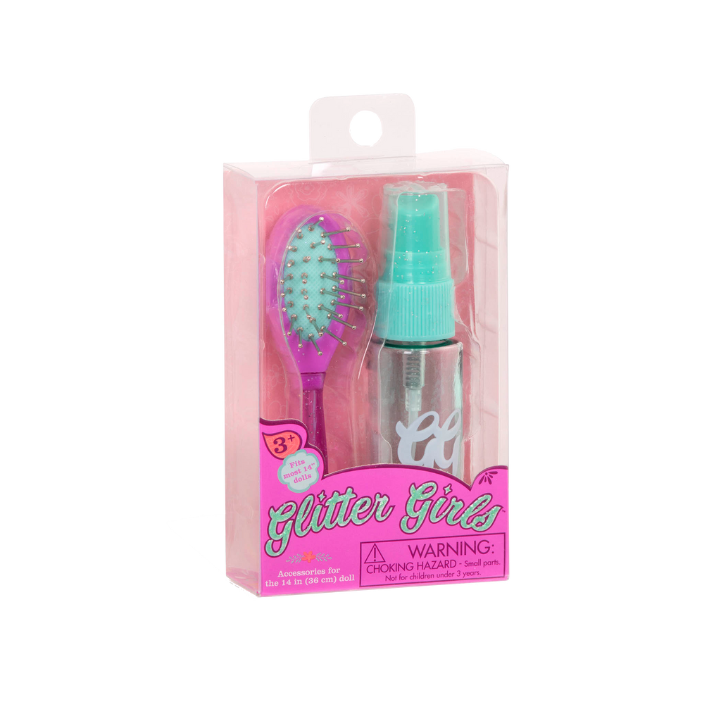 Toy hair brush and spray bottle for dolls