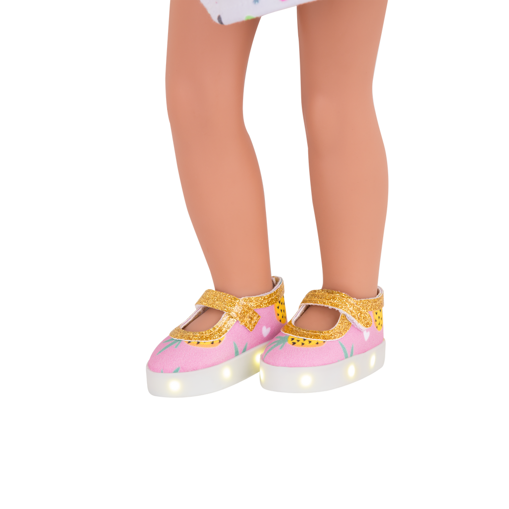 Pink and gold pineapple-printed light up shoes for 14-inch doll