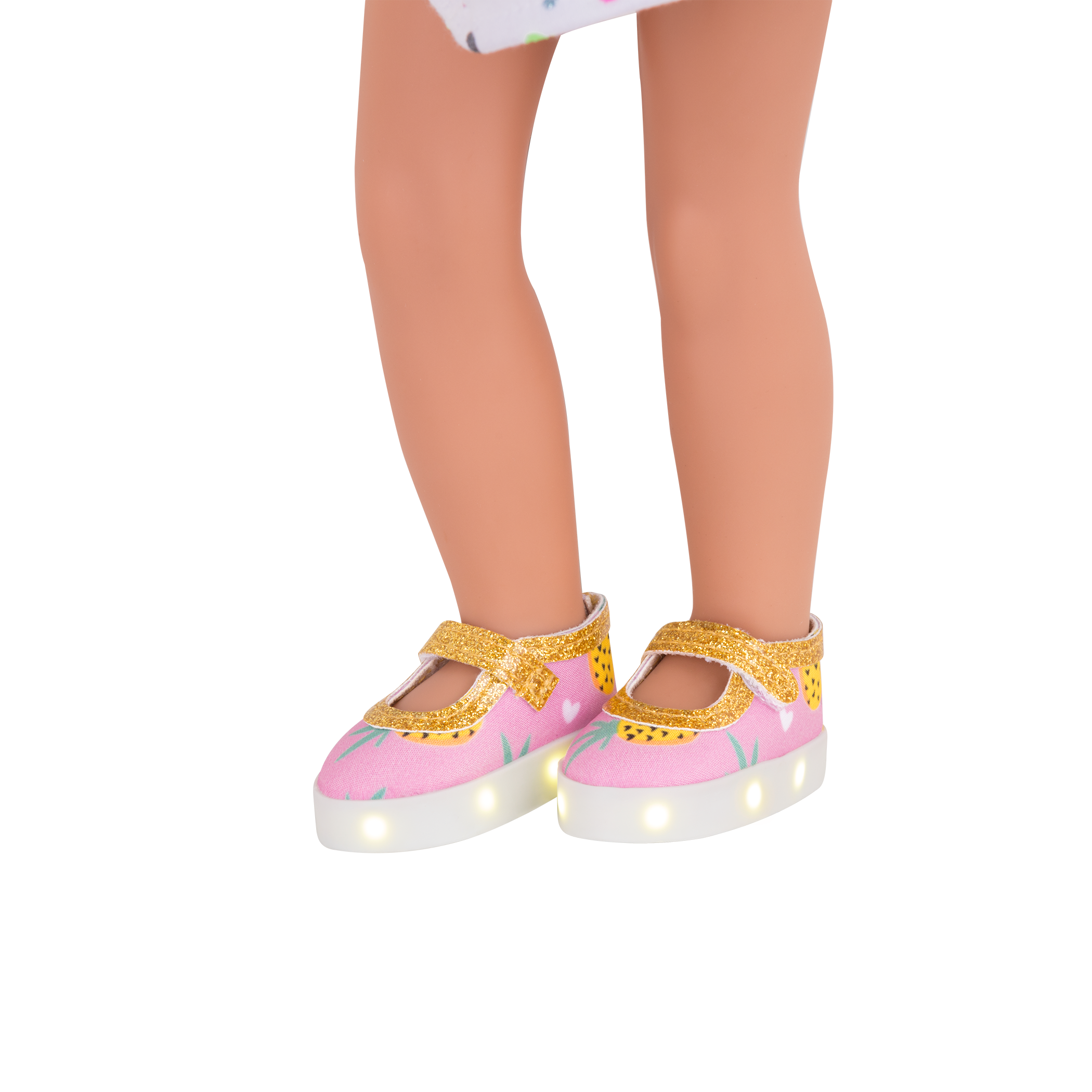 Pink and gold pineapple-printed light up shoes for 14-inch doll