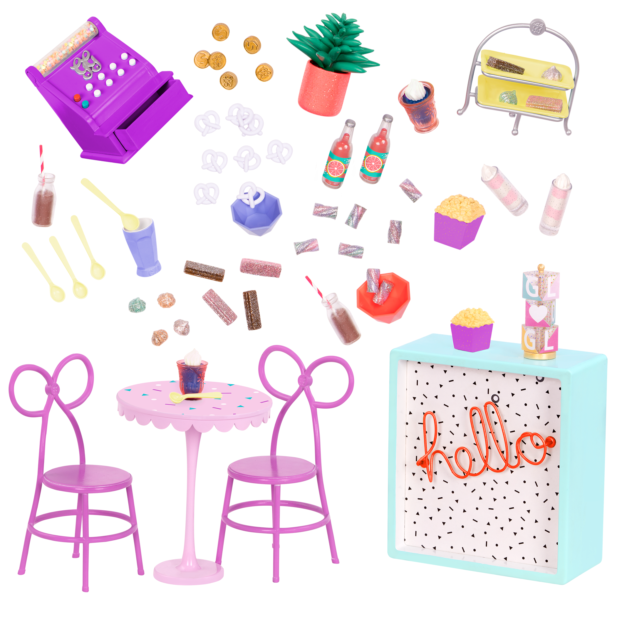 Three 14-inch dolls with terrace playset