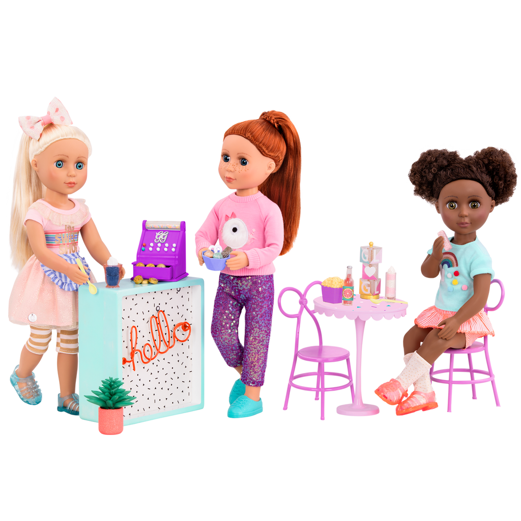 Three 14-inch dolls with terrace playset