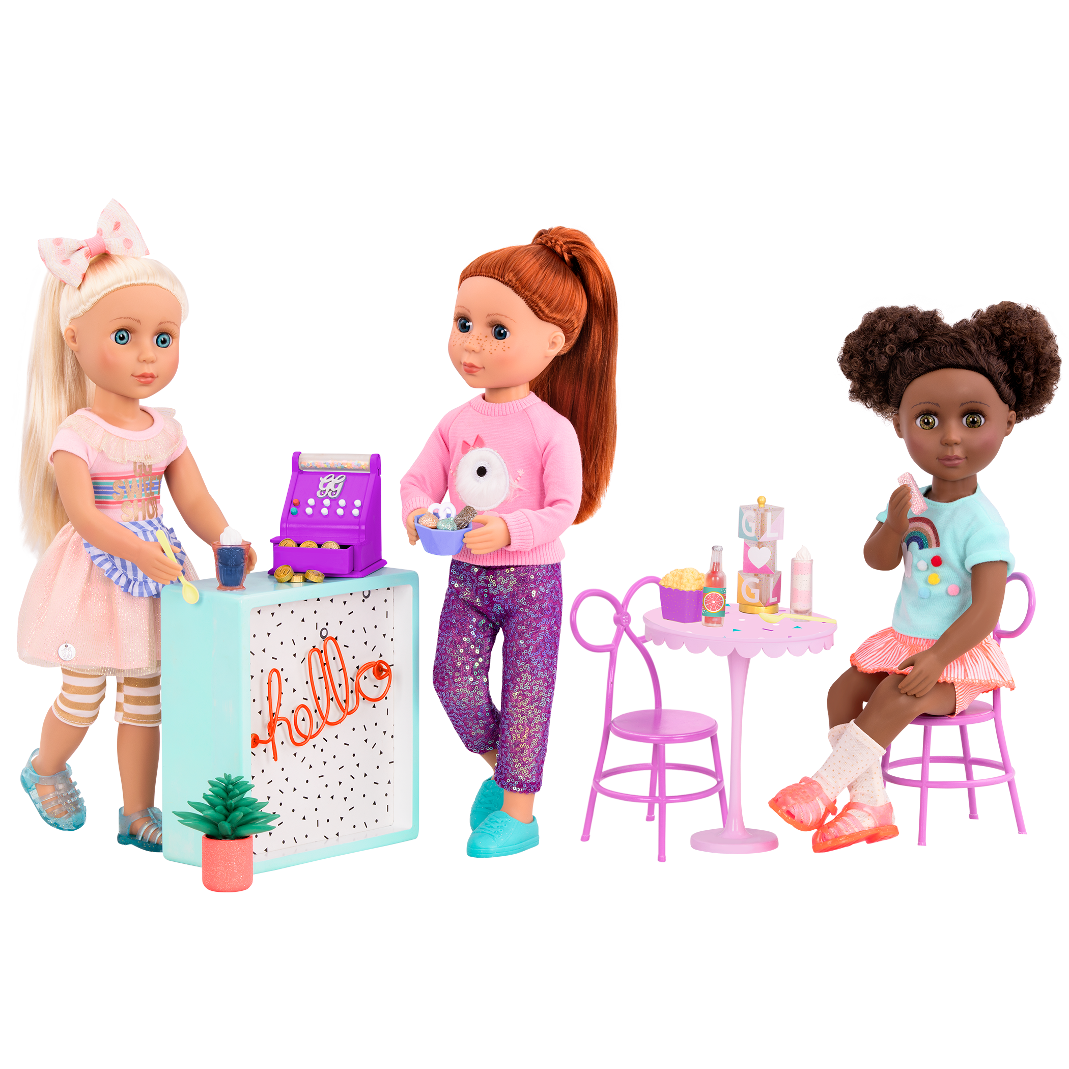 Three 14-inch dolls with terrace playset