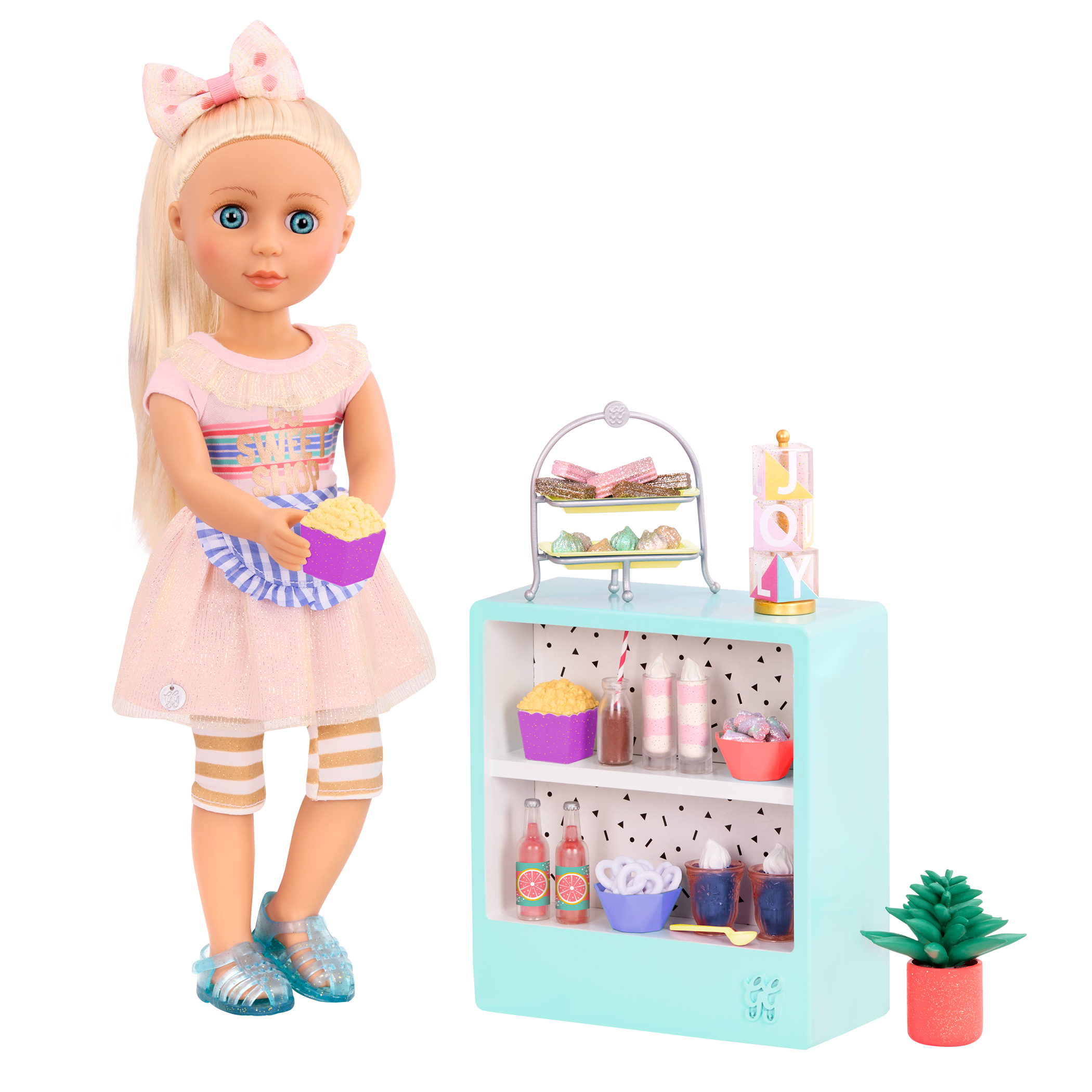 Three 14-inch dolls with terrace playset