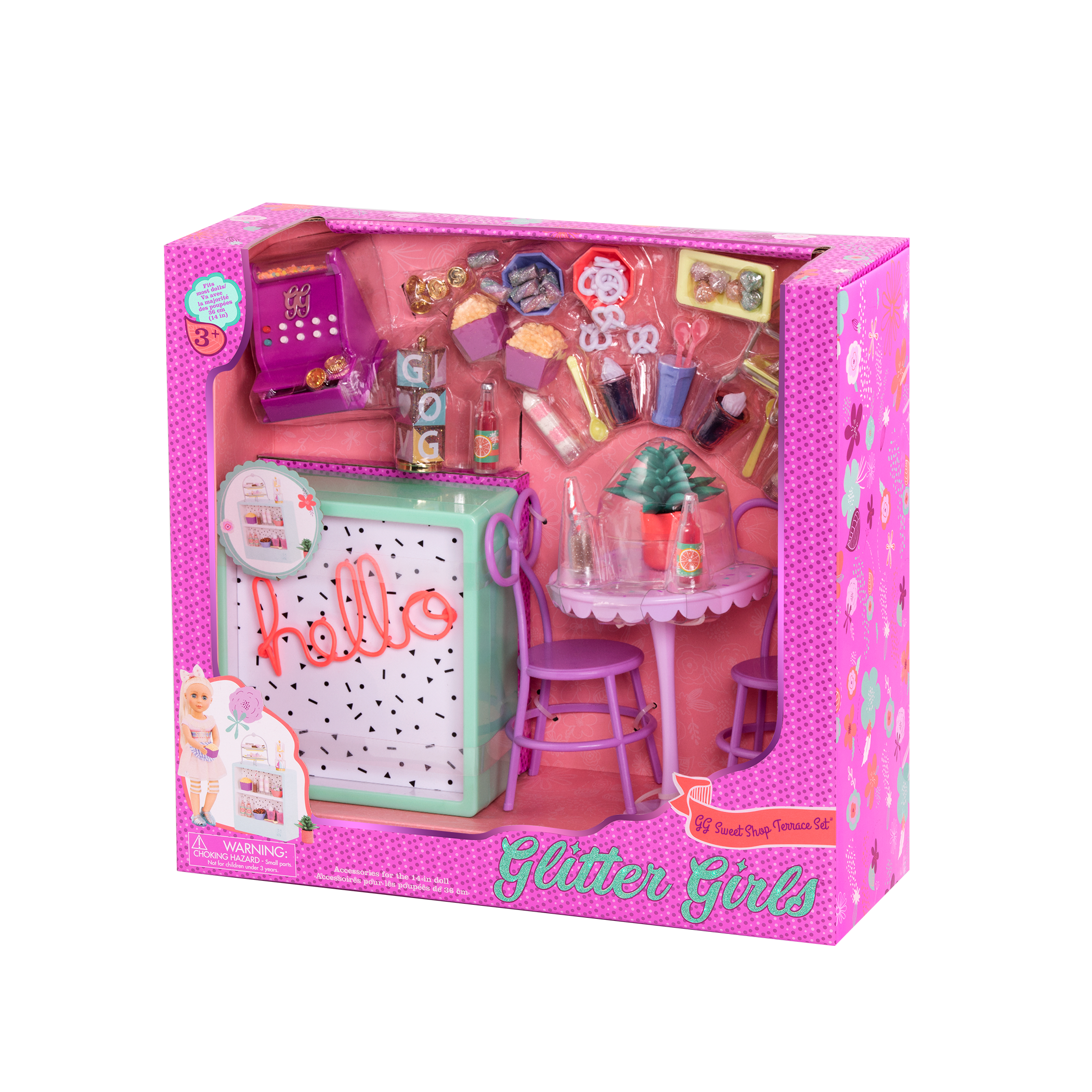 Three 14-inch dolls with terrace playset