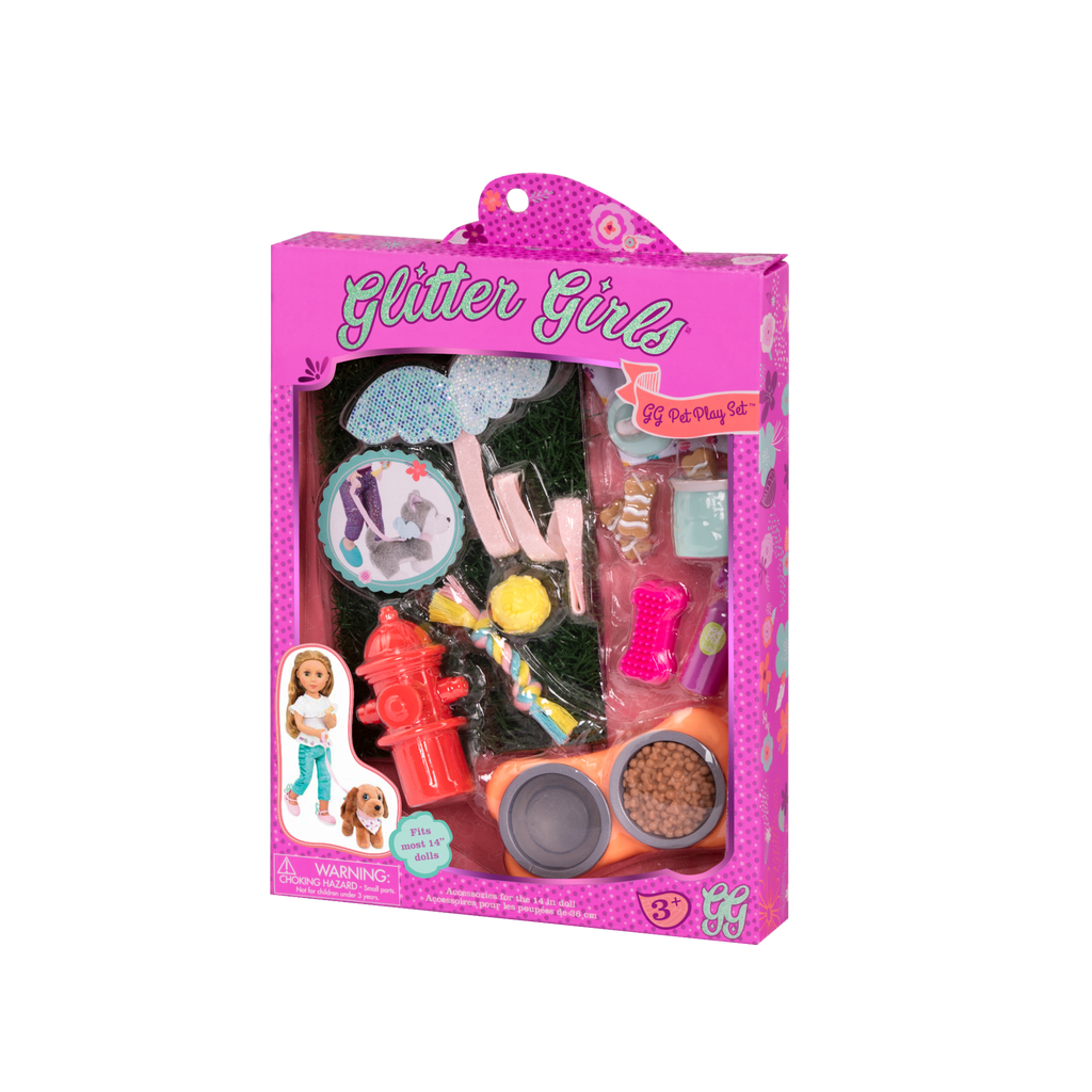 Two 14-inch dolls and dog plushies with pet accessories