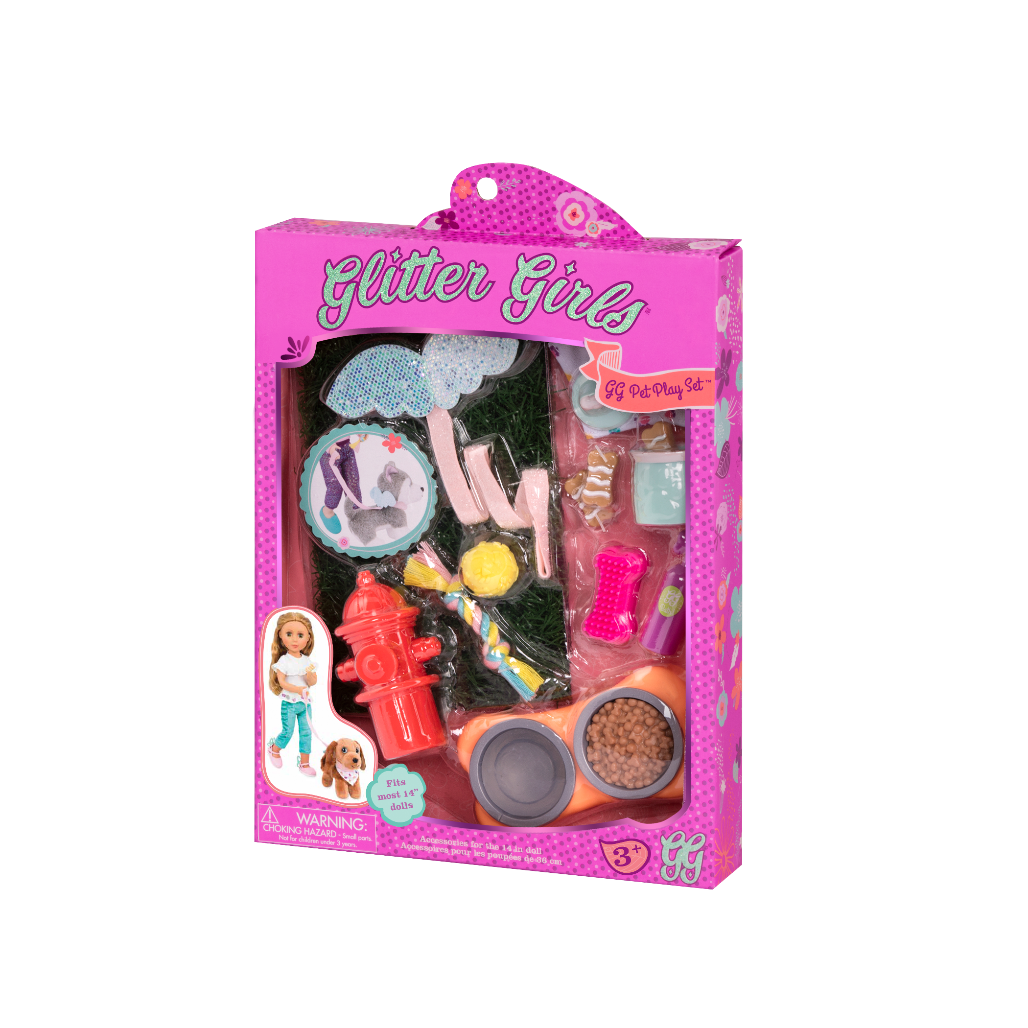 Two 14-inch dolls and dog plushies with pet accessories