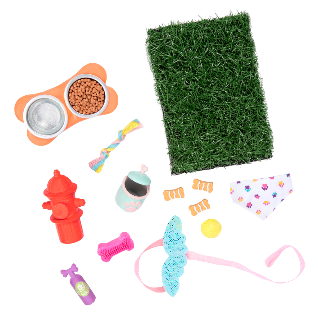 Two 14-inch dolls and dog plushies with pet accessories
