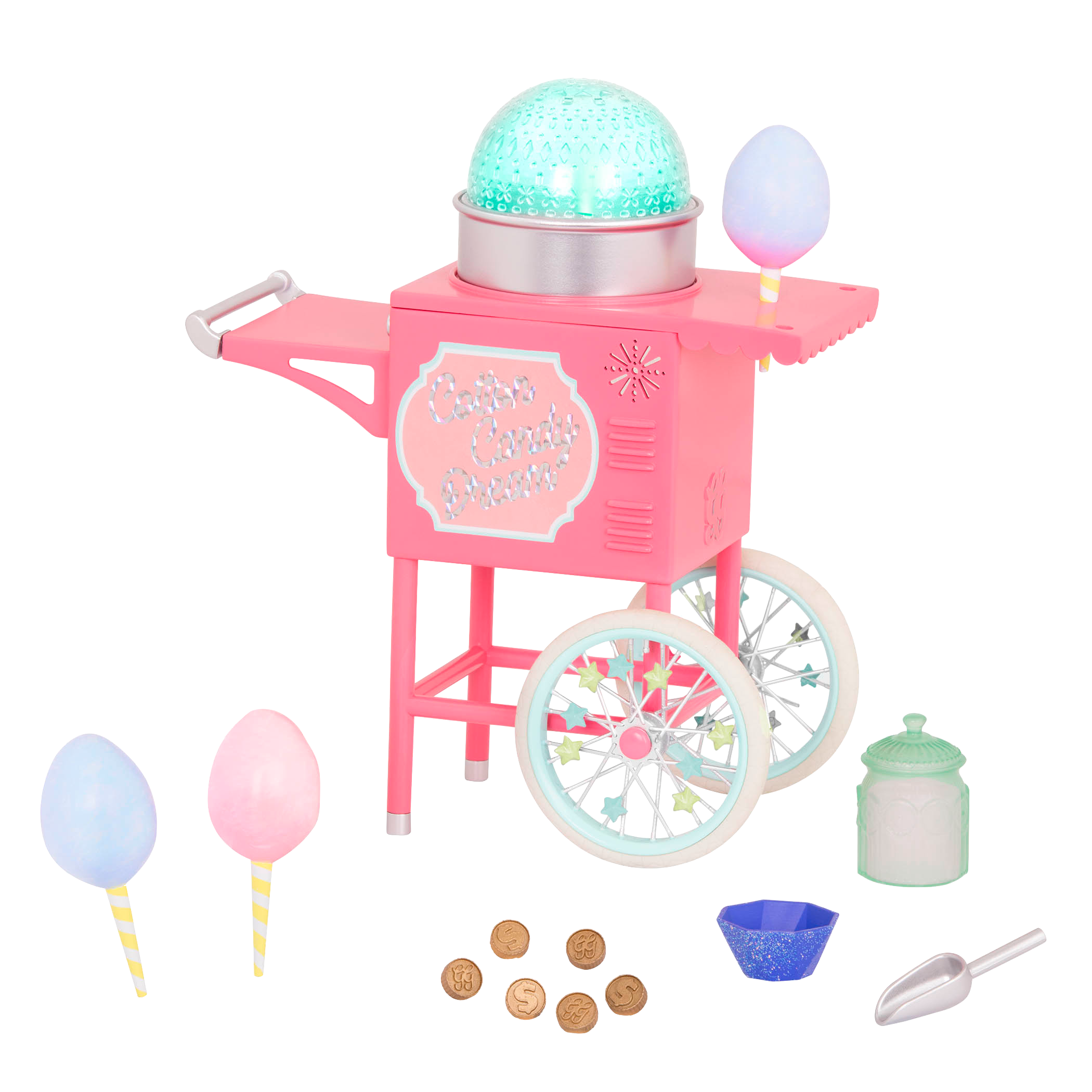 Two 14-inch dolls with toy cotton candy machine